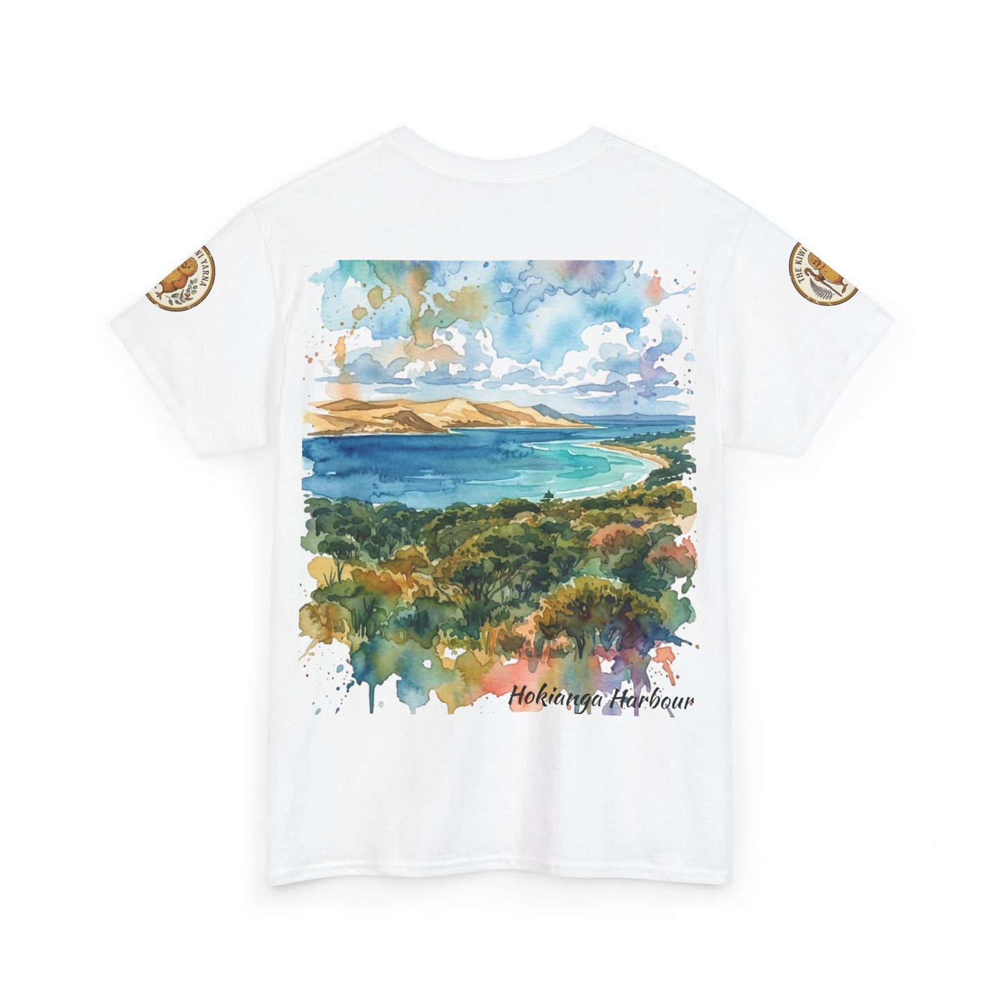White crew-neck T-shirt with watercolor harbor landscape print and Hokianga Harbour text