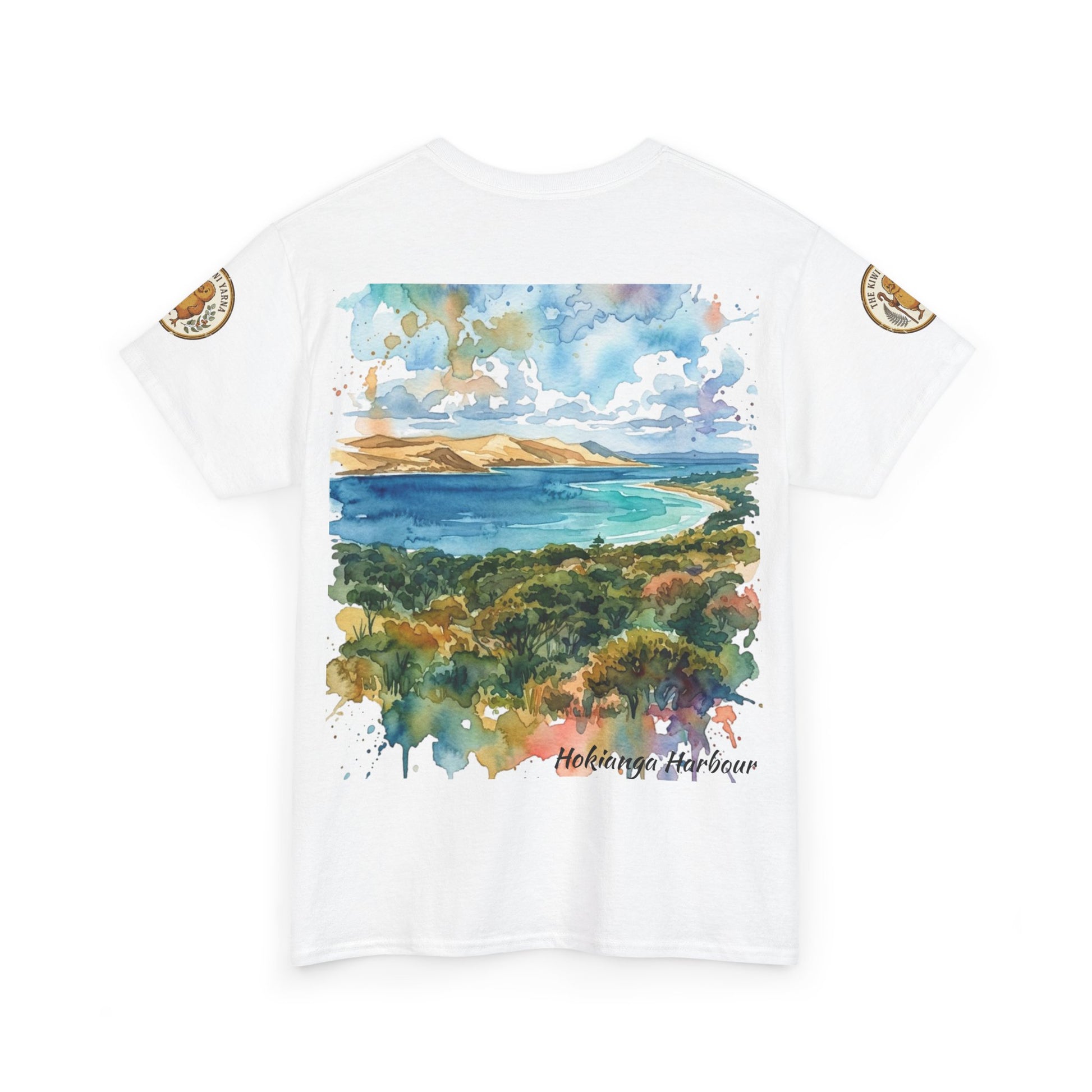 White crew-neck T-shirt with watercolor harbor landscape print and Hokianga Harbour text