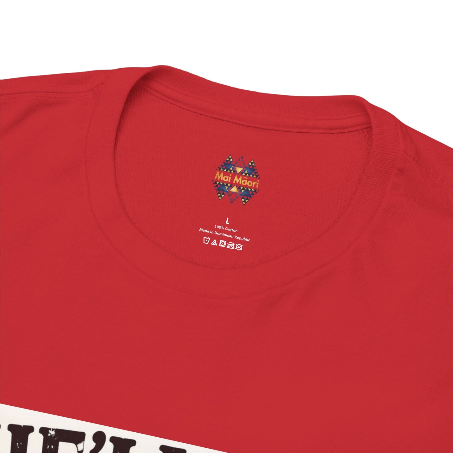 Red crewneck T-shirt close-up with small chest logo near neckline