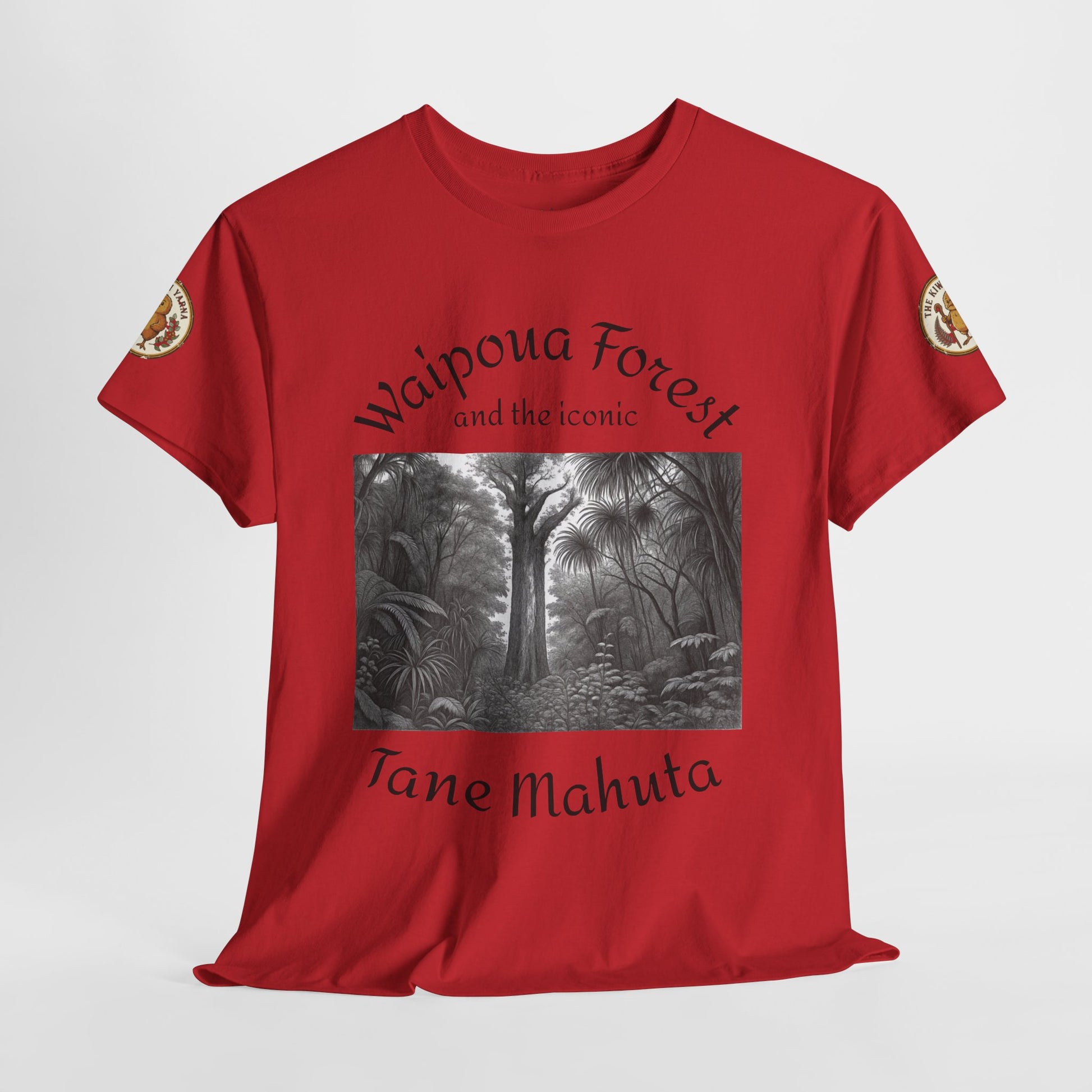 Red crewneck T-shirt front with black-and-white forest scene and Waipoua Forest text