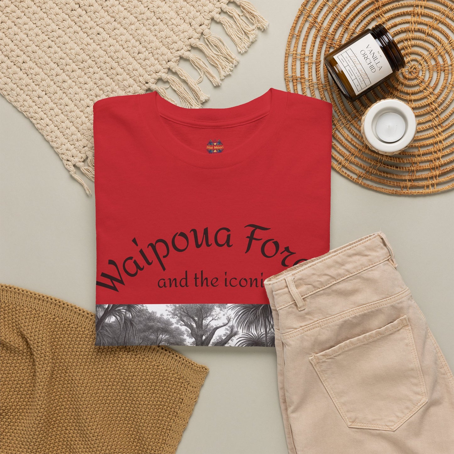 Red crew-neck T-shirt with black-ink forest panel graphic on the front
