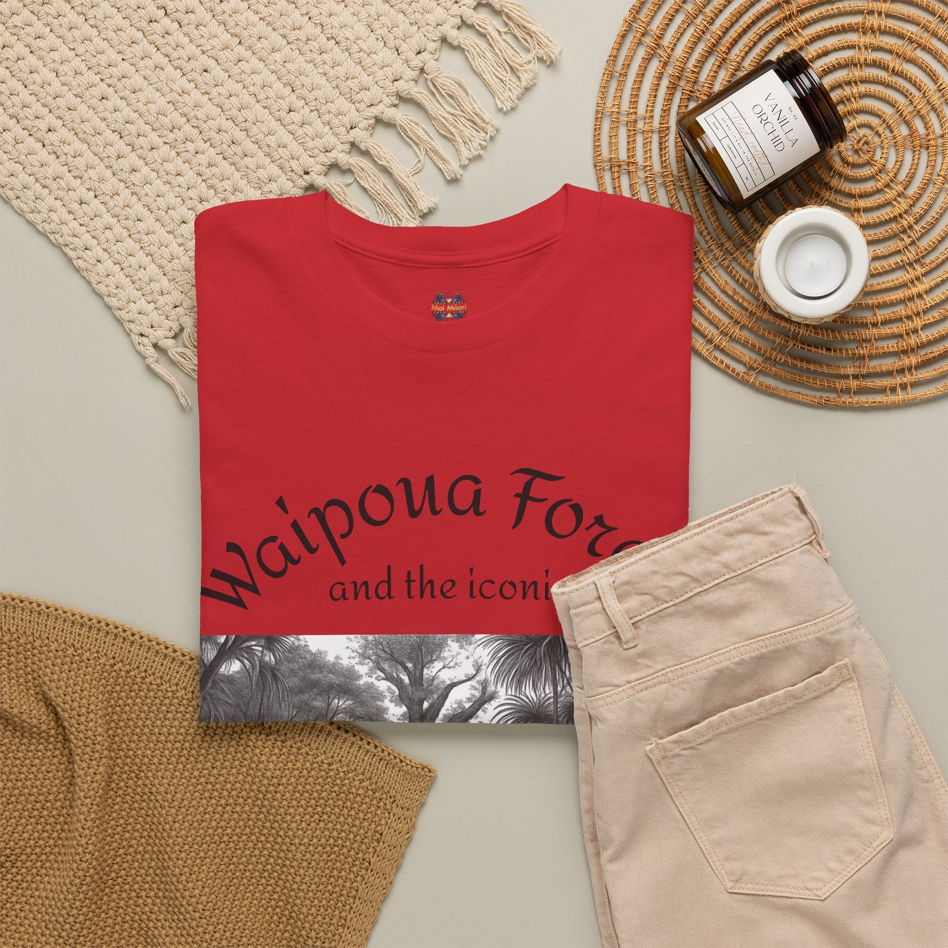 Red crew-neck T-shirt with black-ink forest panel graphic on the front