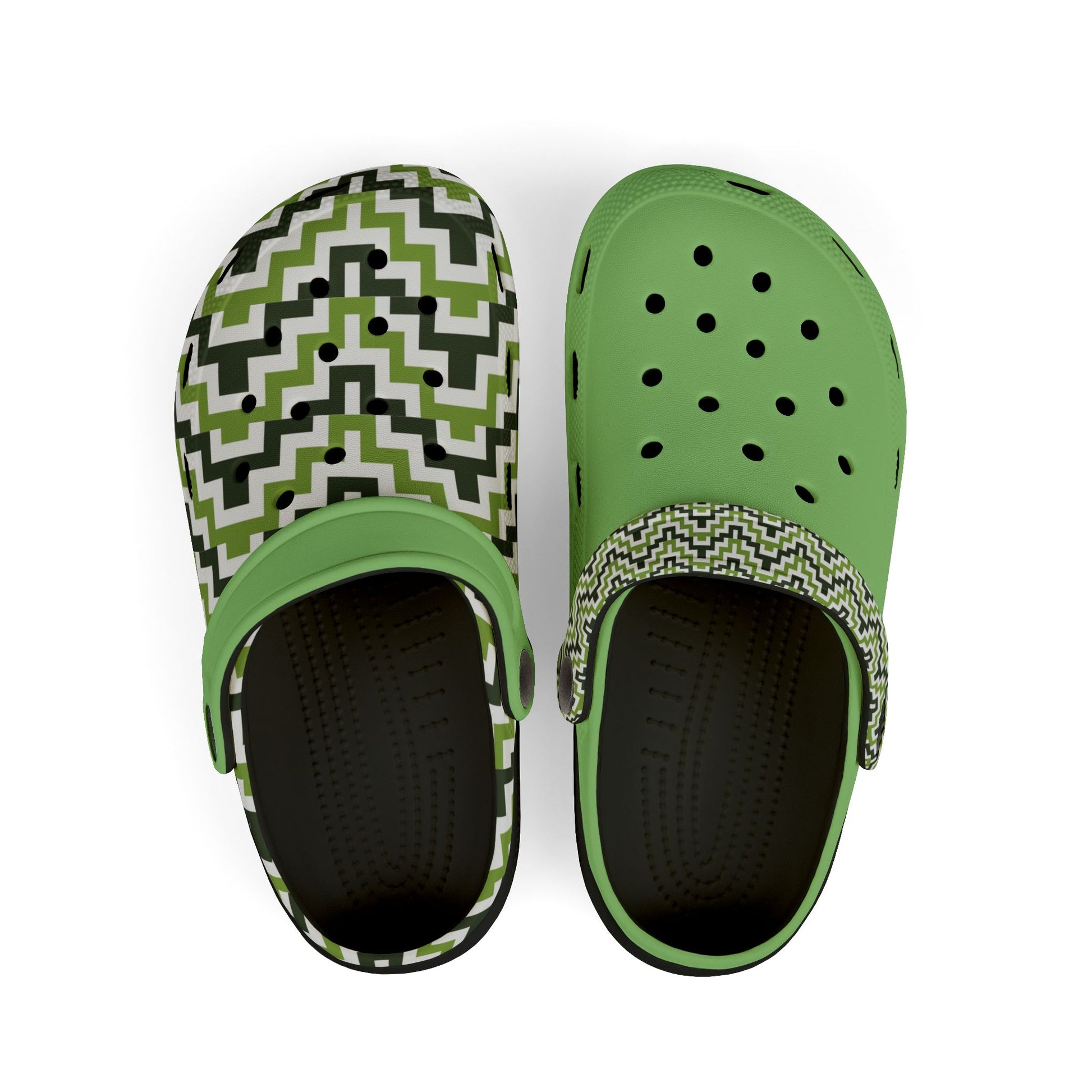 Zigzag slide clog sandals with green upper, black footbed and perforations