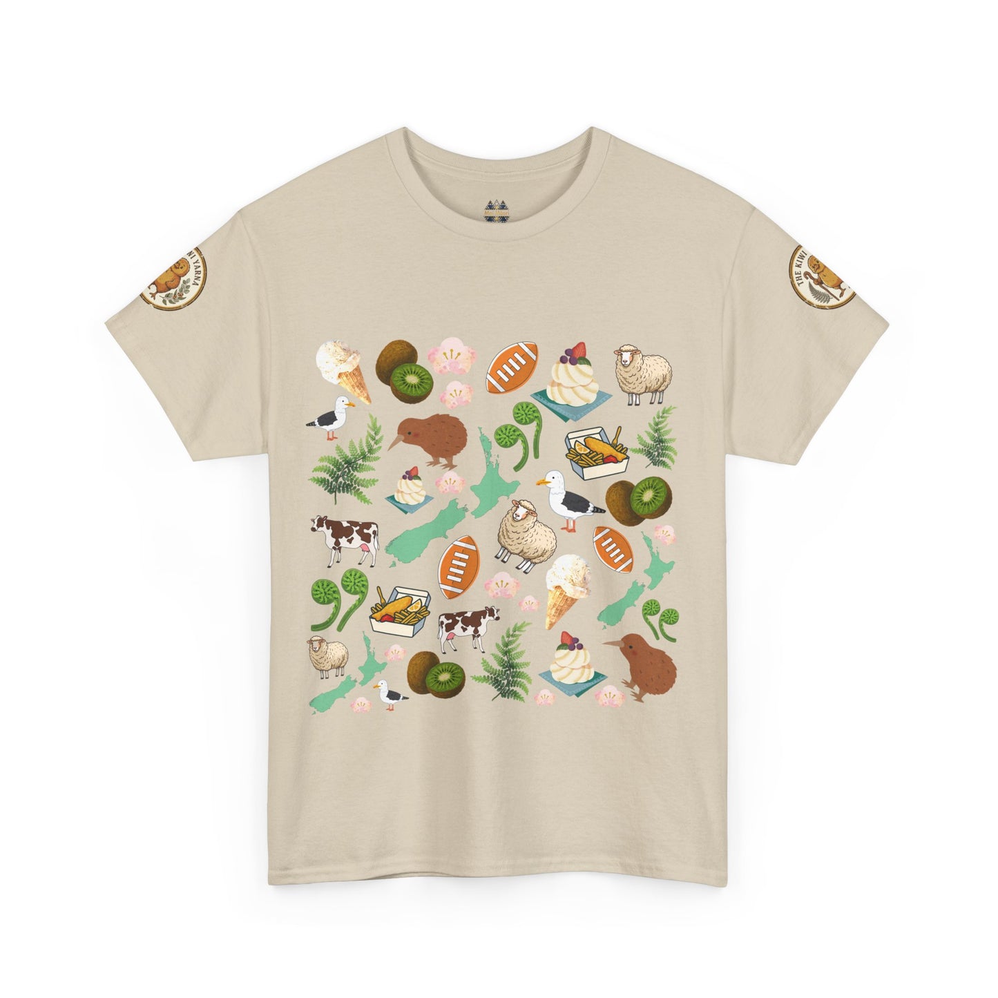 Natural Kiwiana graphic T-shirt, crewneck, short sleeves, colorful bird and flora print