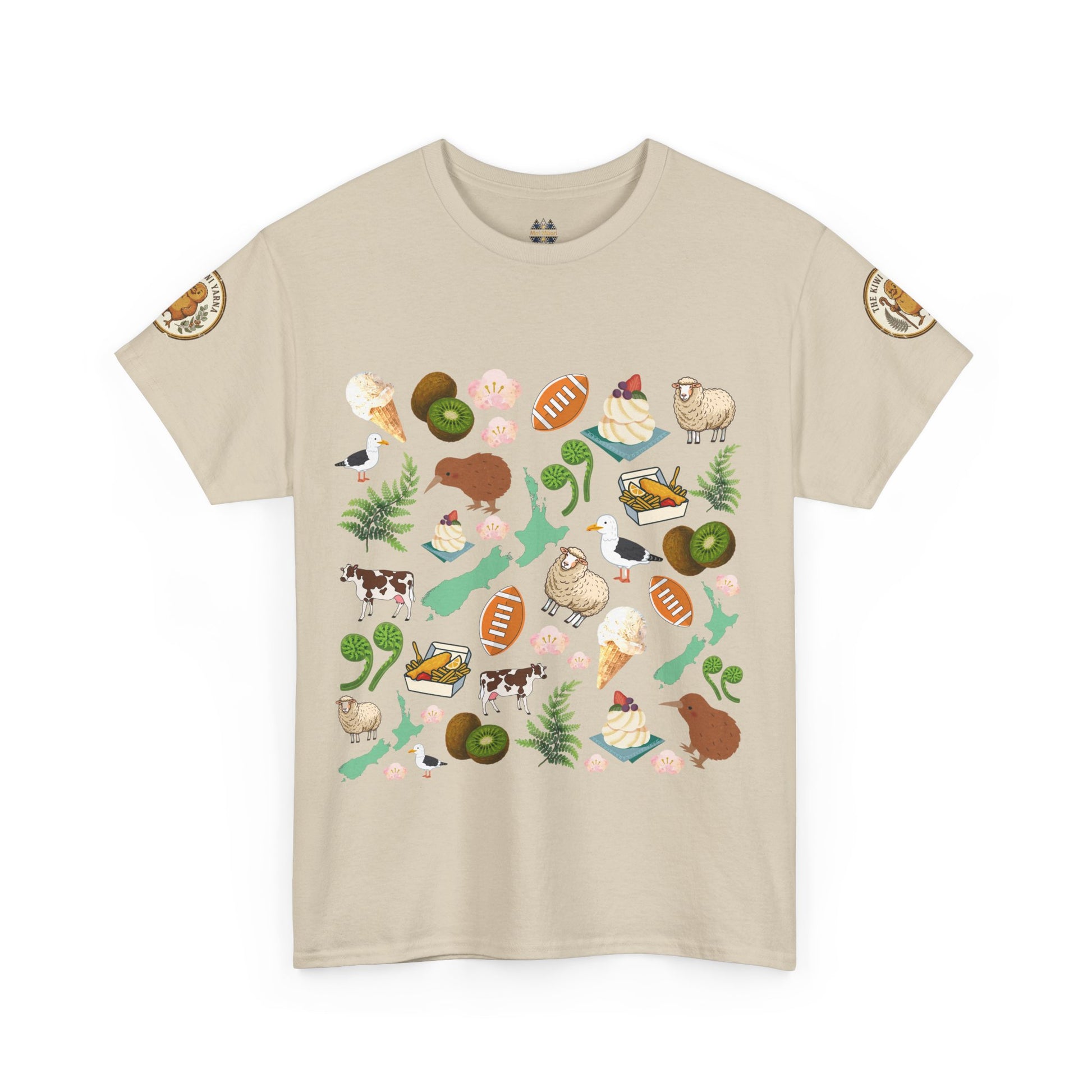 Natural Kiwiana graphic T-shirt, crewneck, short sleeves, colorful bird and flora print