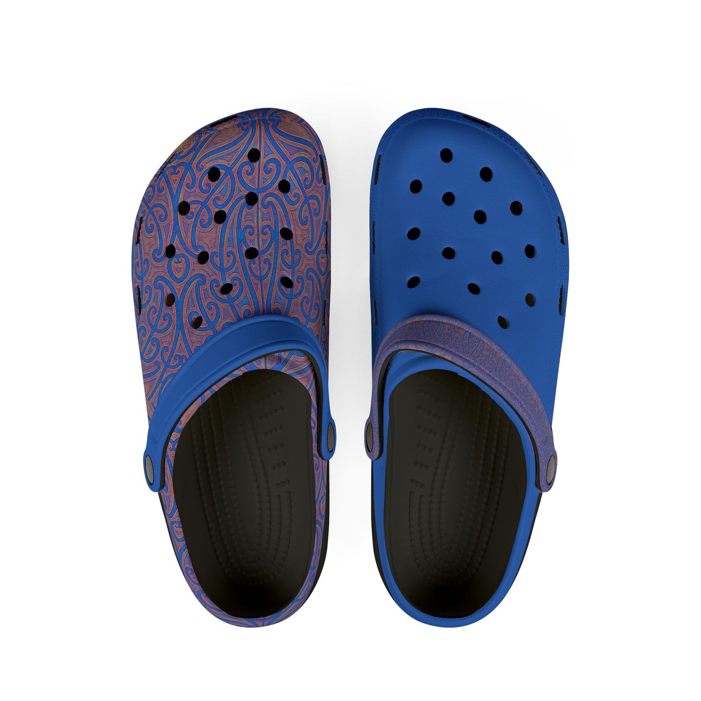 Māpouriki slip-on clogs, blue patterned and solid blue with dark perforations, side view