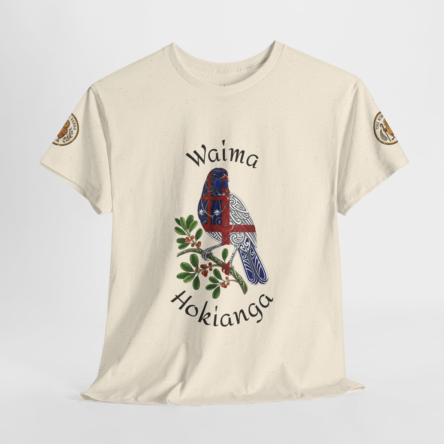 Tuhirangi Marae T-shirt, light cream, blue bird graphic with vine details
