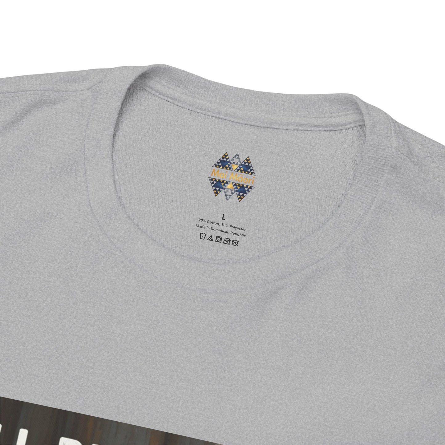 Heather gray crew-neck t-shirt with small logo print at back of neck