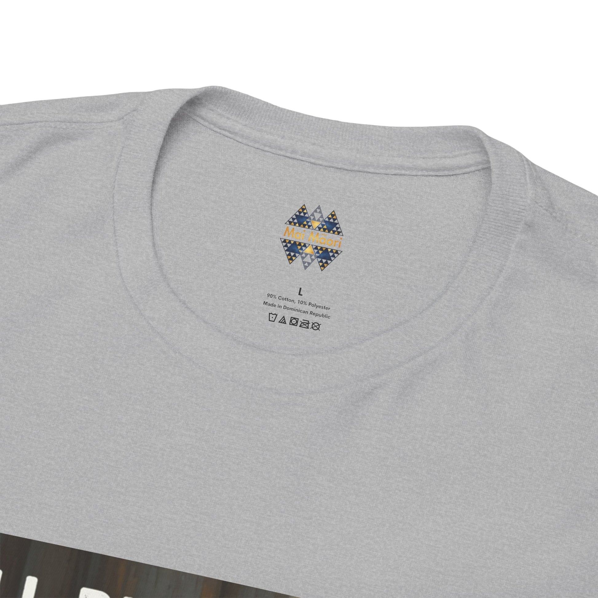 Heather gray crew-neck t-shirt with small logo print at back of neck