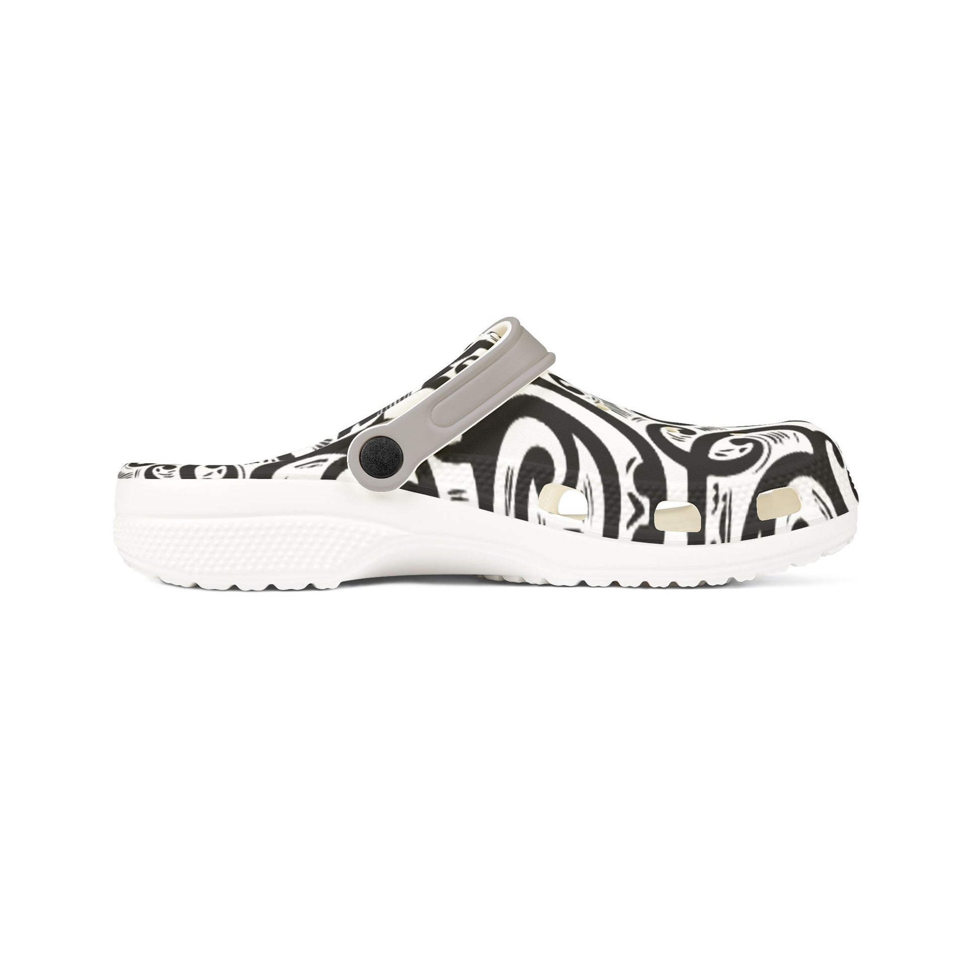 Ponga clogs, side view with white sole, black paisley upper, and gray strap