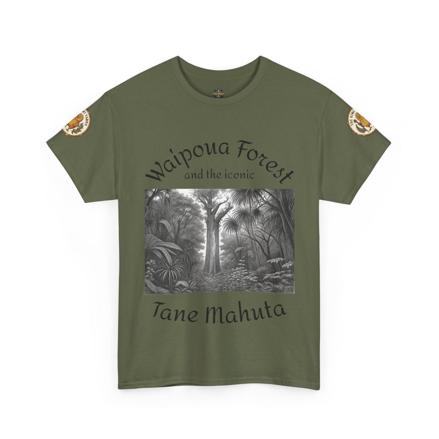 Olive green T-shirt with front forest graphic and sleeve patches, crew neck.