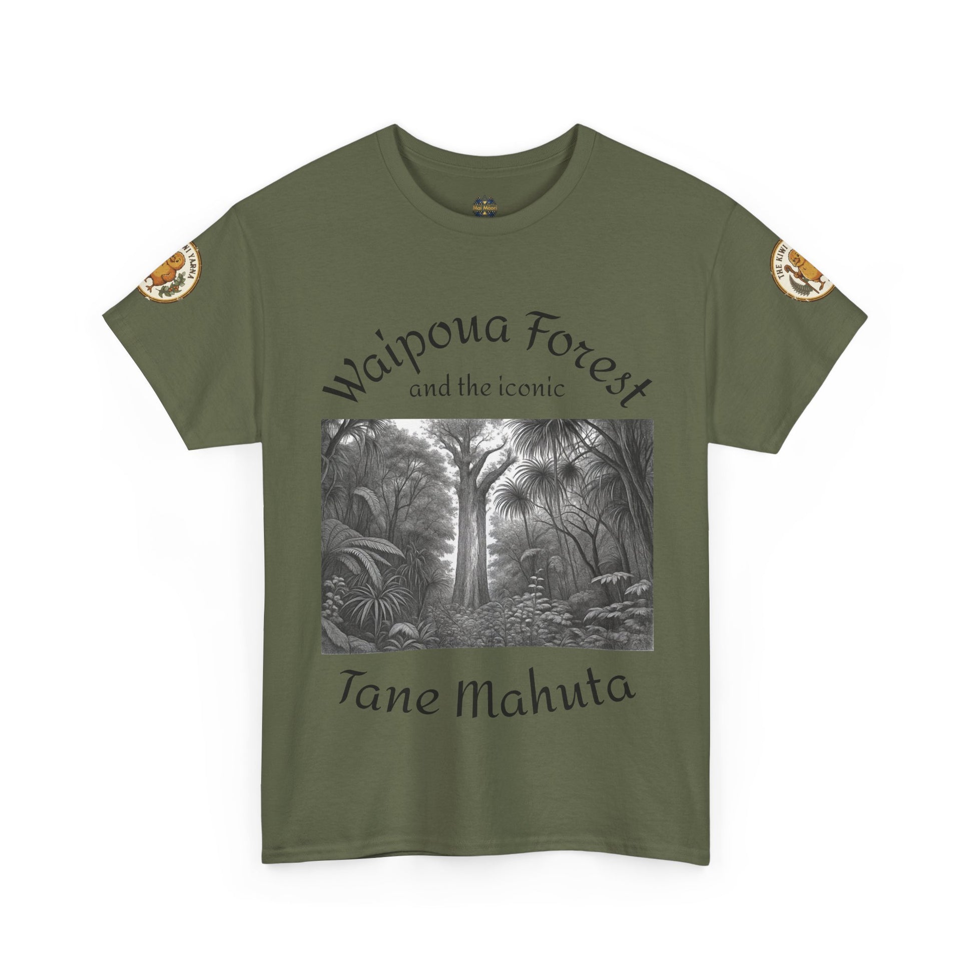 Olive green T-shirt with front forest graphic and sleeve patches, crew neck.