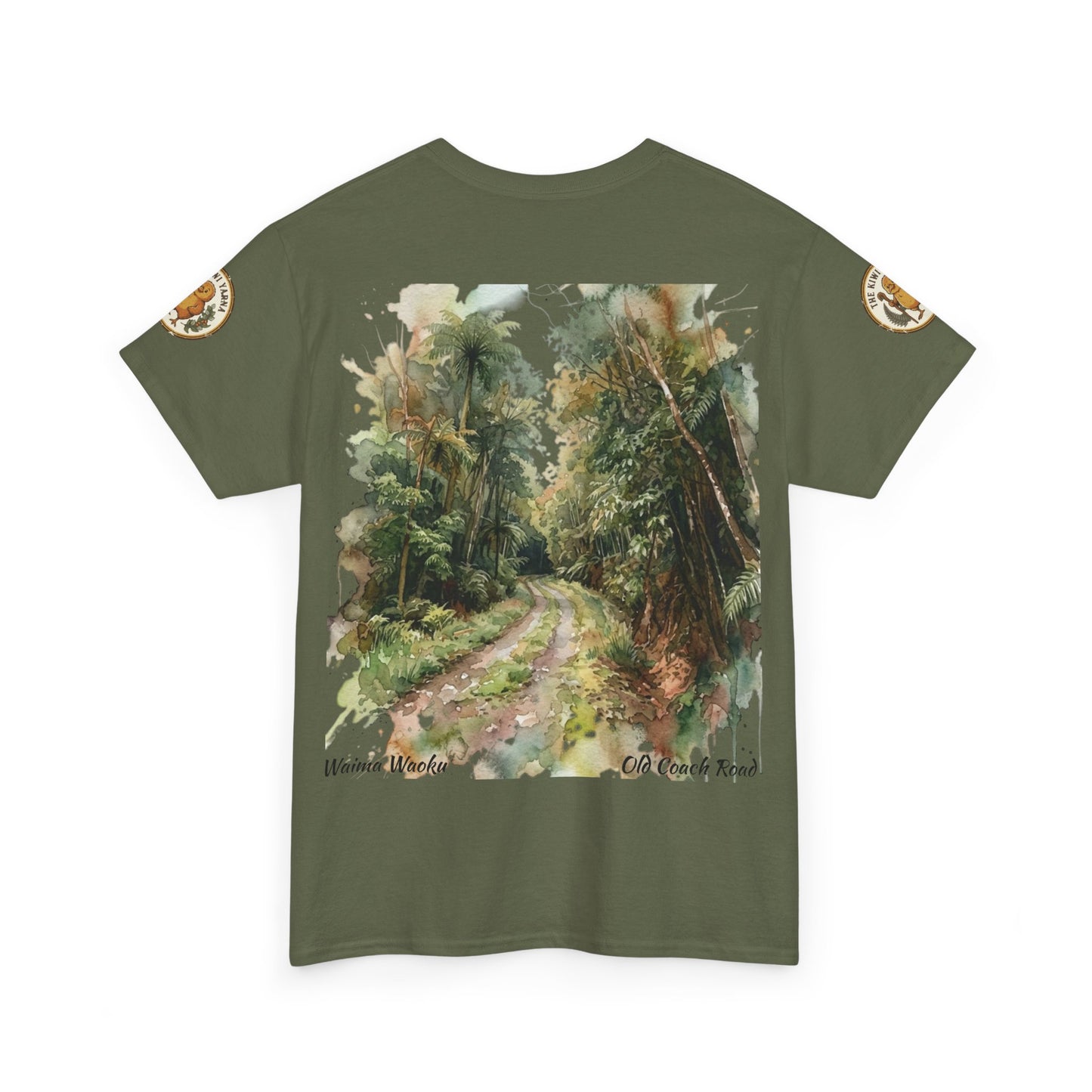 Dark green graphic t-shirt with nature landscape print and small sleeve badge