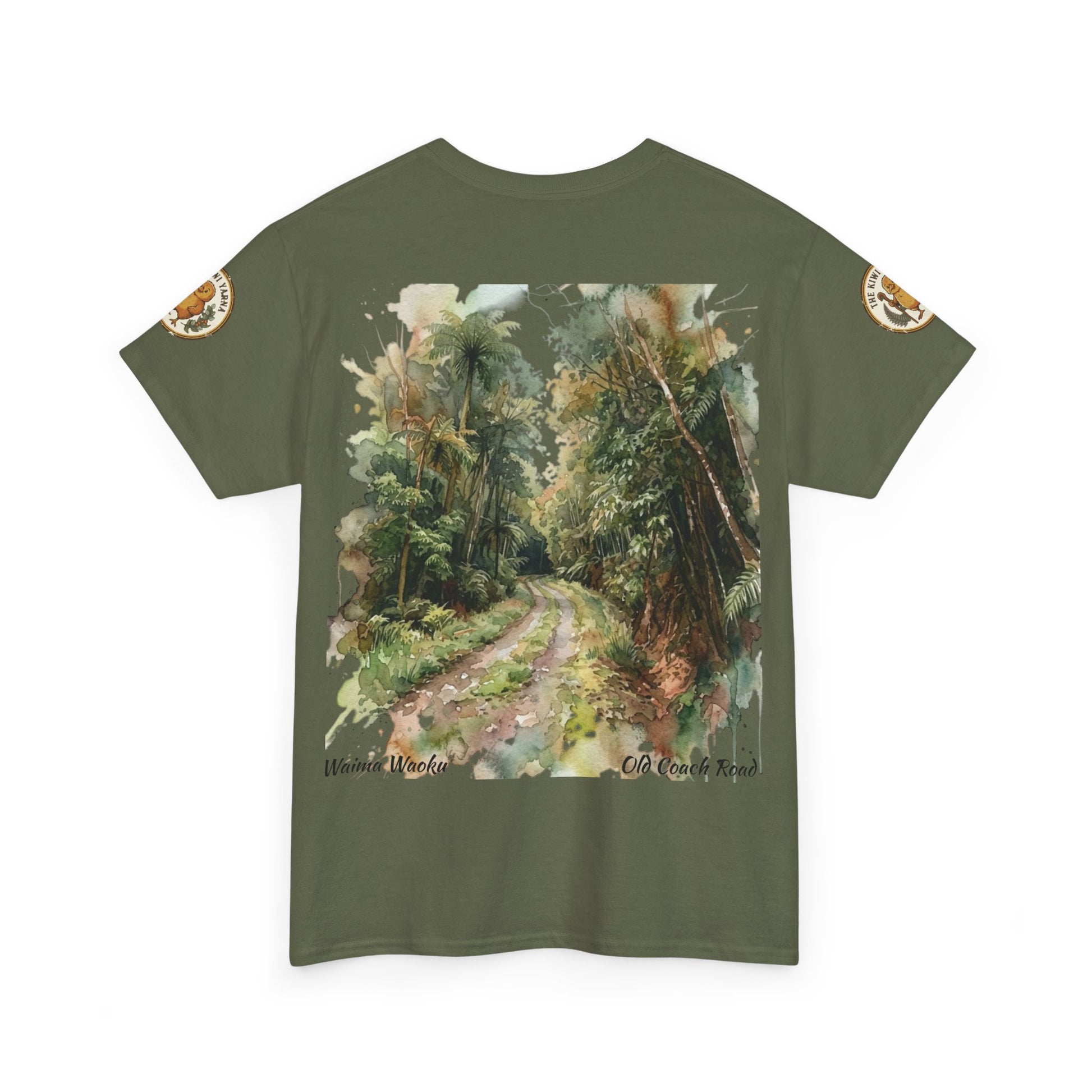 Dark green graphic t-shirt with nature landscape print and small sleeve badge