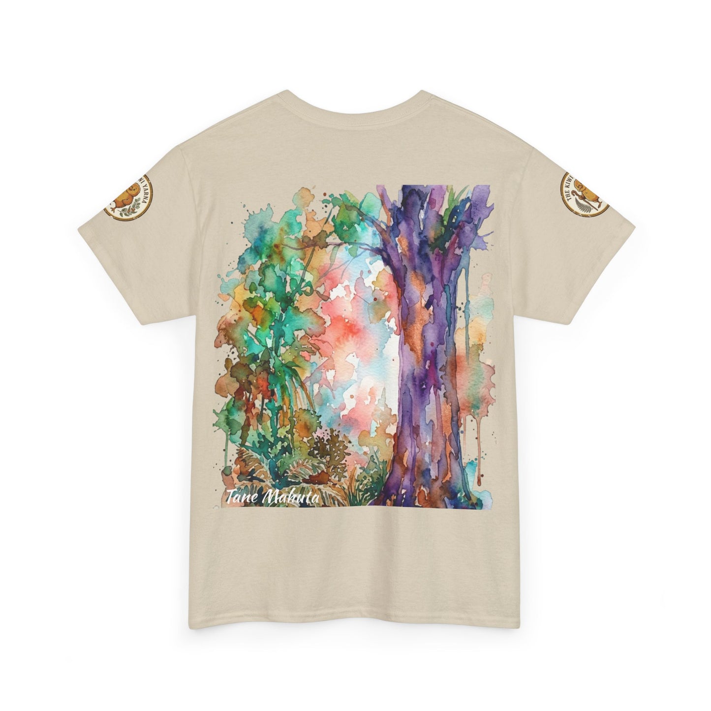 Cream T-shirt with colorful tree watercolor front graphic and small circular sleeve patches