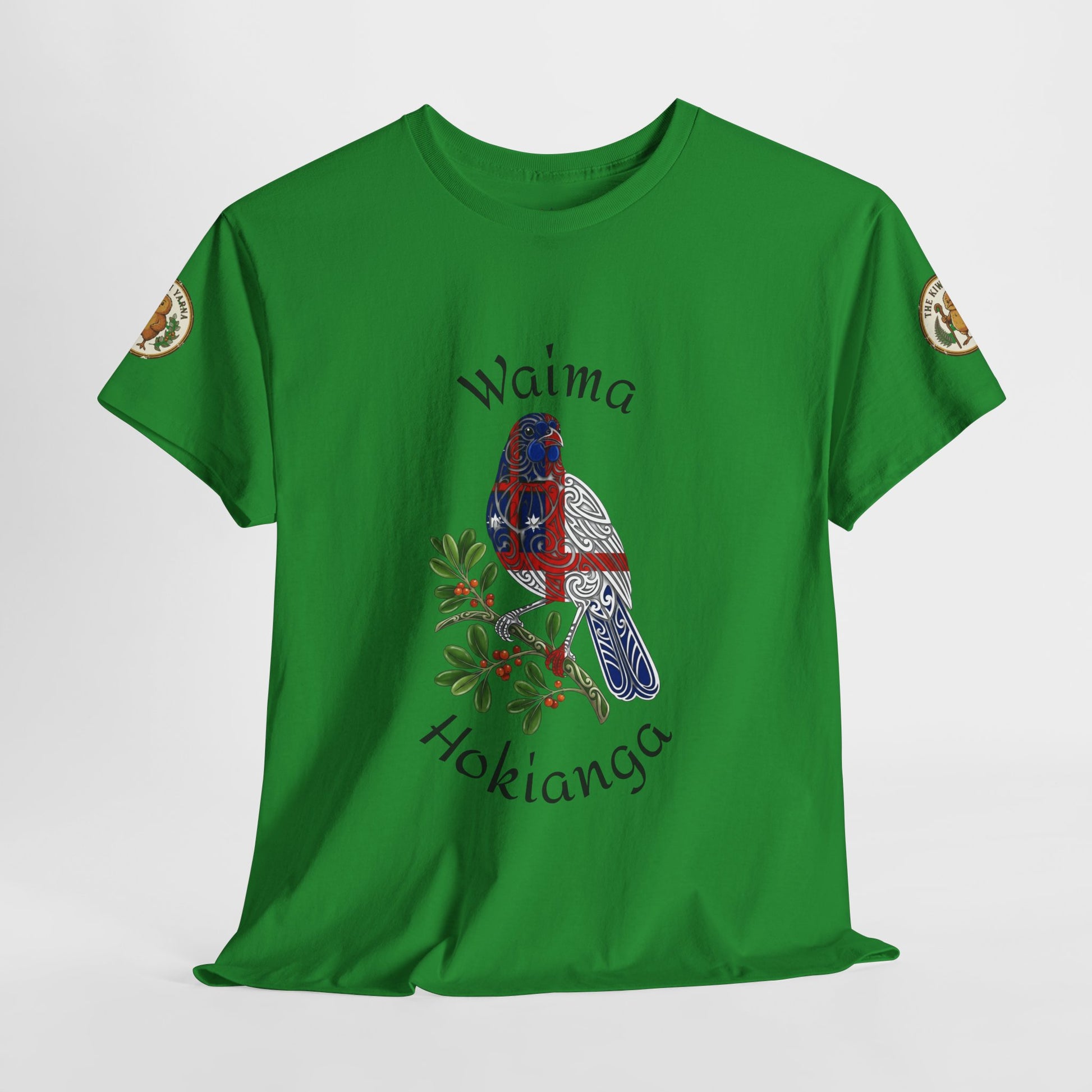 Green T-shirt with bird graphic and Waima Hokianga text