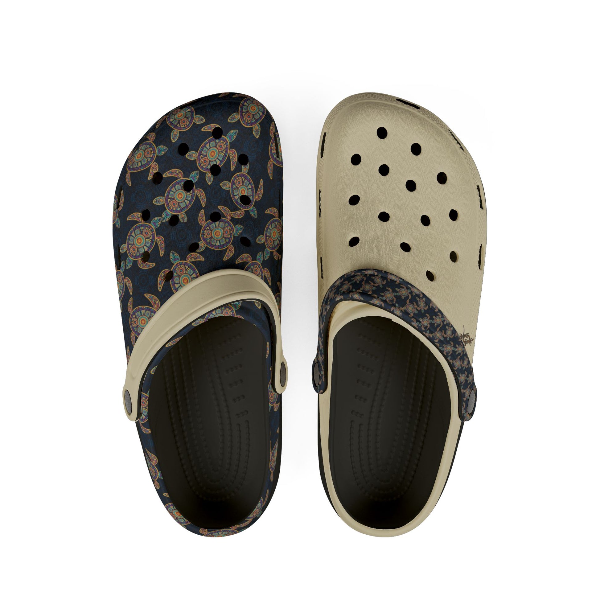 Croc-style clogs pair with dark navy turtle print tops and beige perforated footbeds