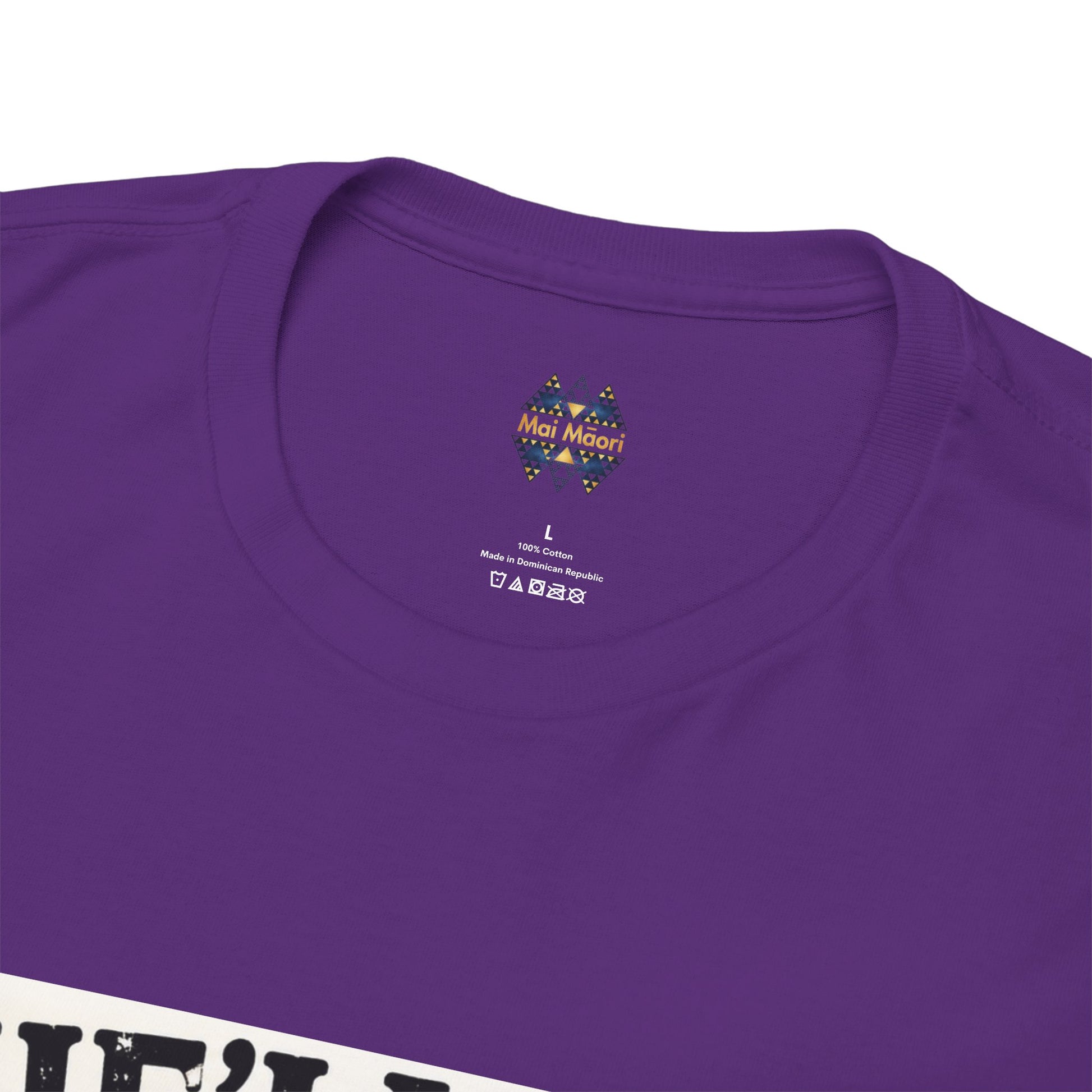 Purple T-shirt with small chest logo on the back side near collar