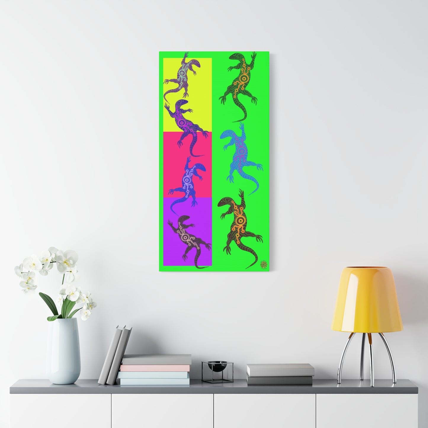 Neon tall lizard wall art with green background and a pink accent block