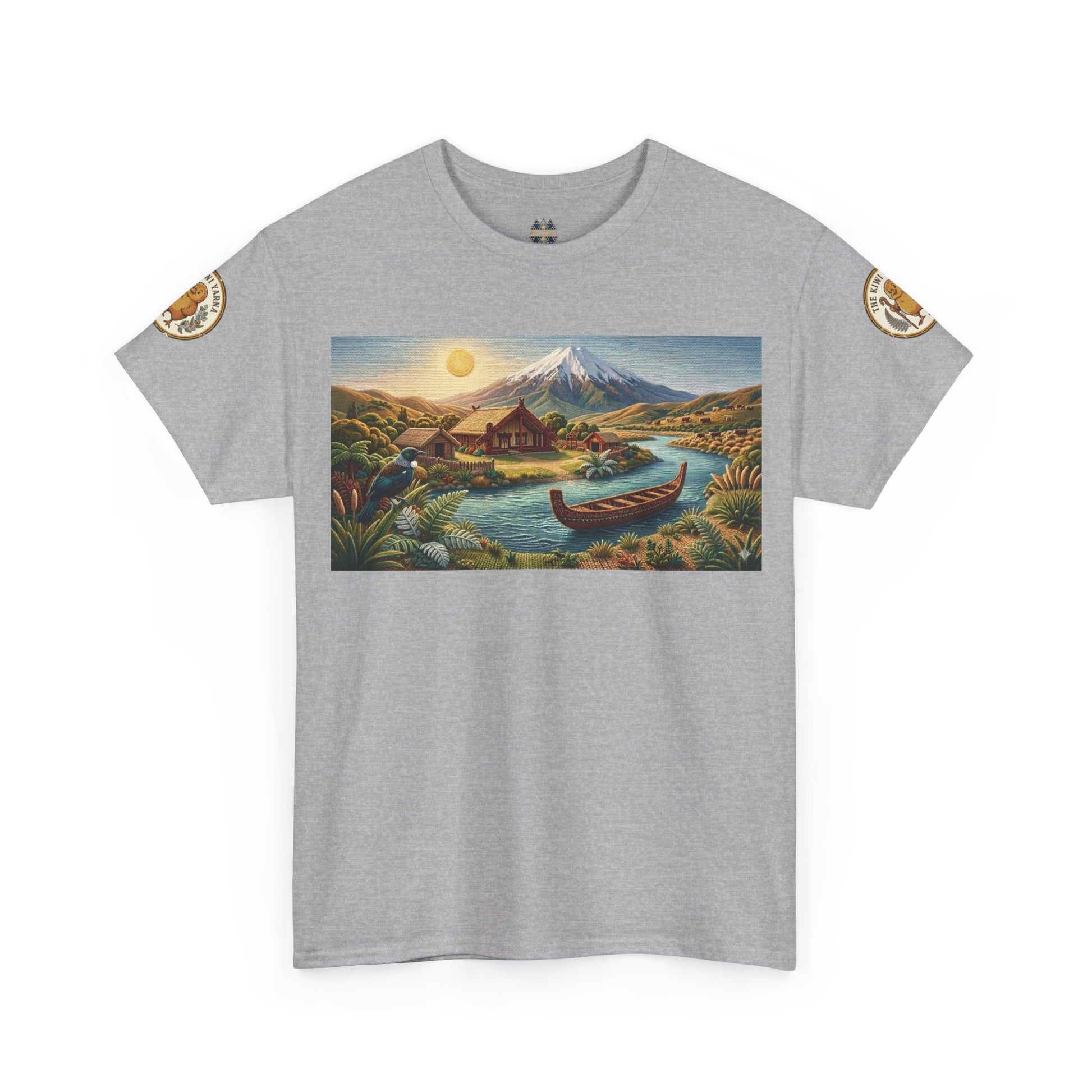 Heather gray graphic T-shirt with landscape print and canoe; circular sleeve patches.