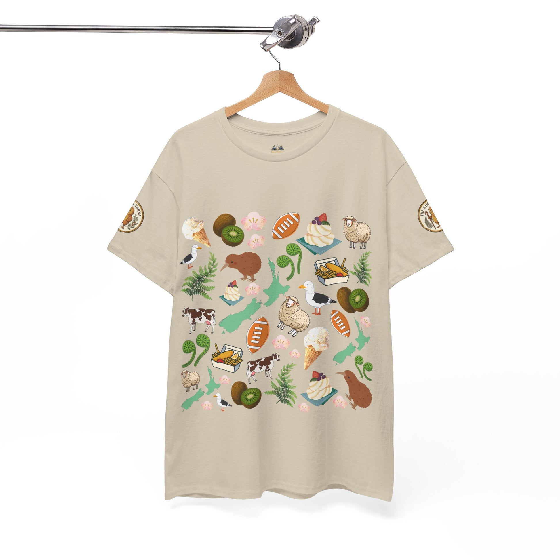 Beige crewneck T-shirt with colorful Kiwiana collage graphic print