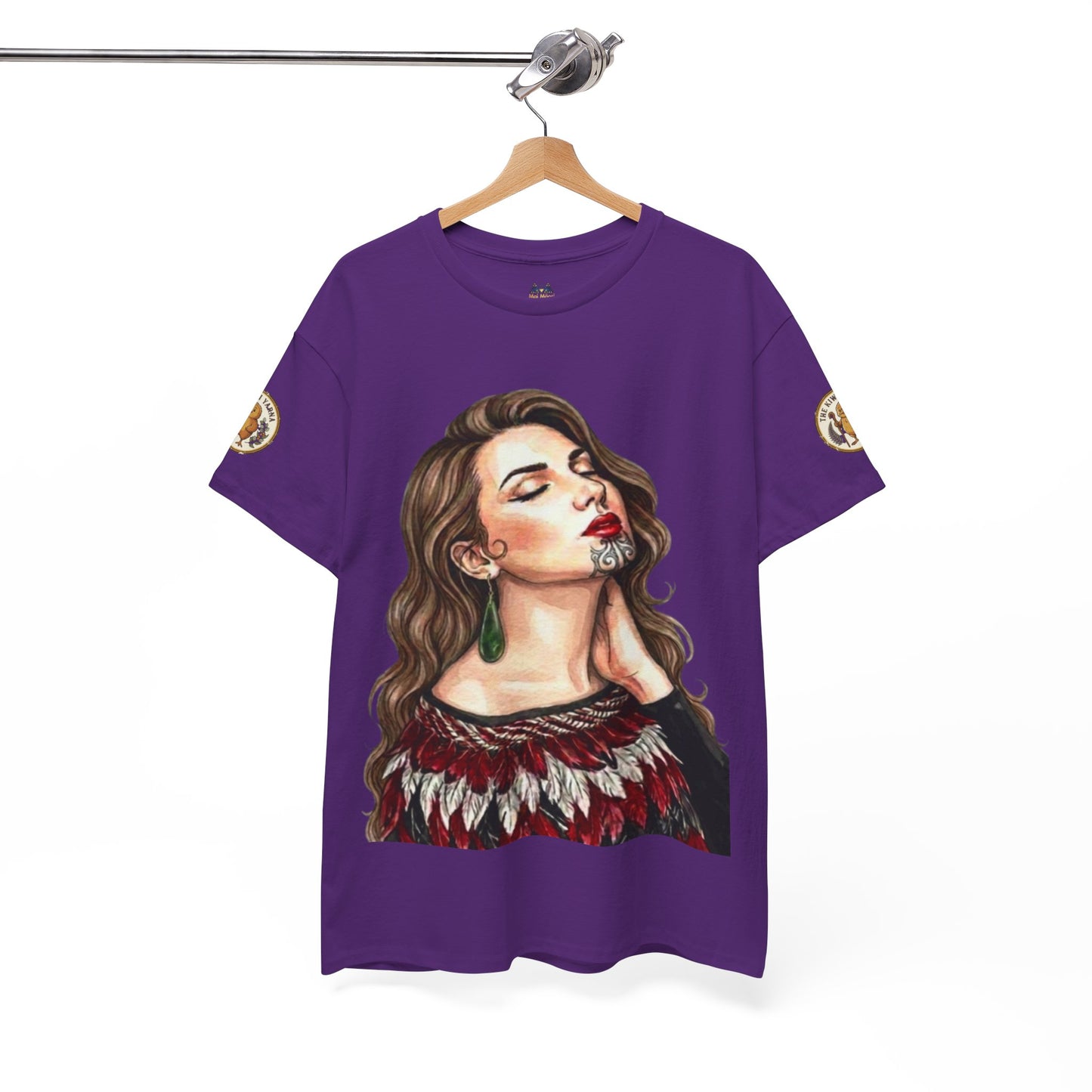 Purple graphic T-shirt with crew neck, short sleeves, and woman portrait front print.
