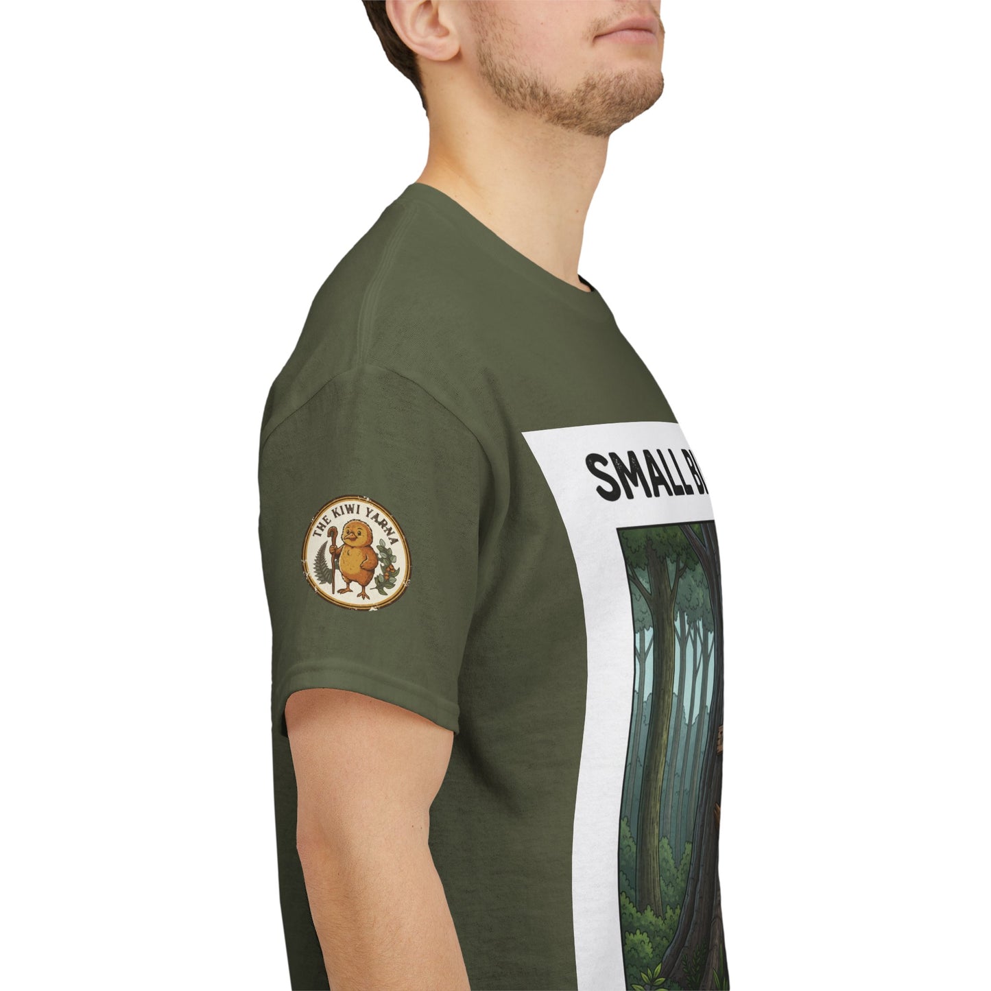 Unisex graphic T-shirt, dark green with sleeve logo and forest panel on side