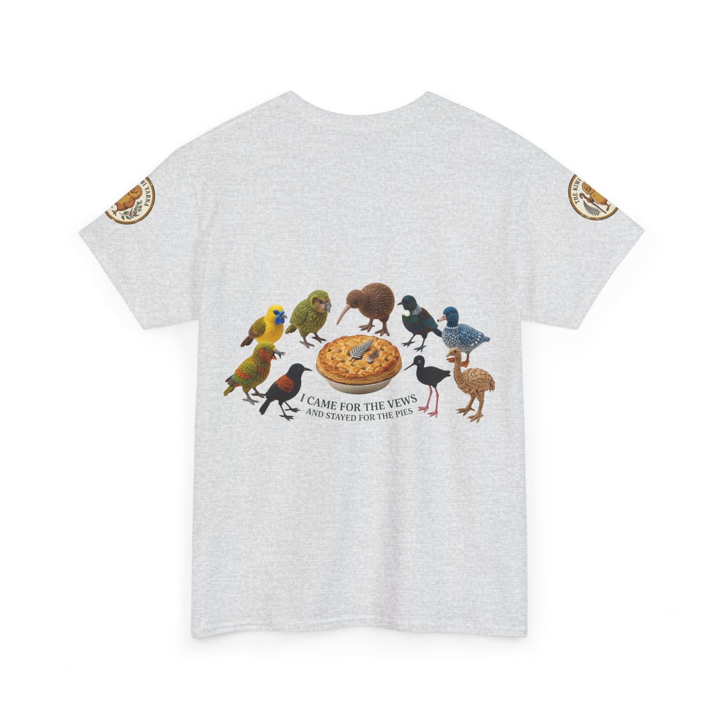 Heather gray T-shirt with front bird-and-pizza graphic and small sleeve logo patches.