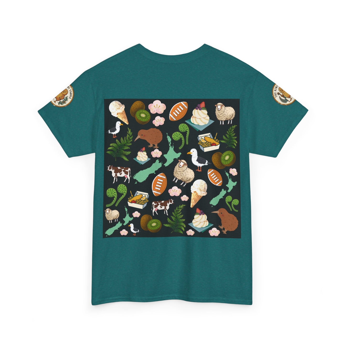 Teal crewneck T-shirt with large square Kiwiana-themed collage graphic (front)