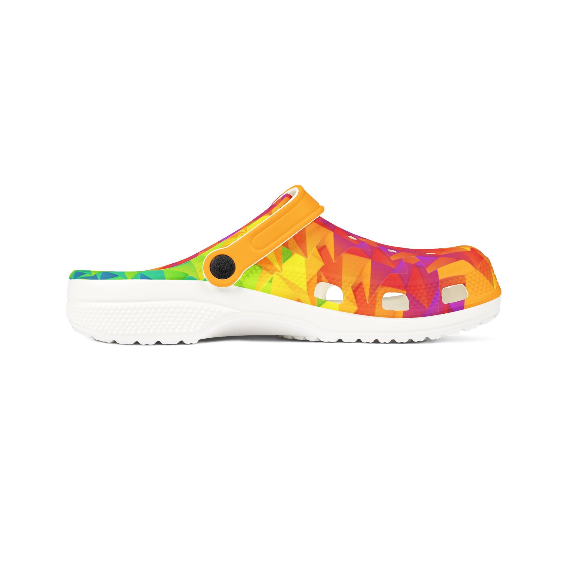 Side view of orange clog shoes with multicolor geometric strap and white sole