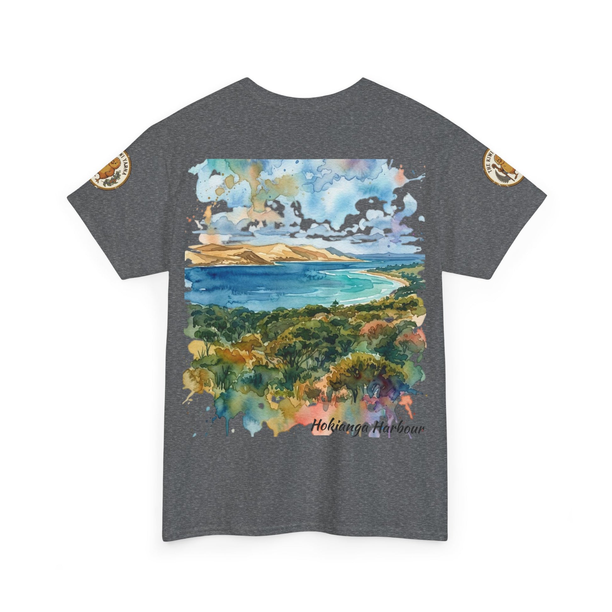 Hokianga Harbour graphic T-shirt in heather gray with watercolor landscape front