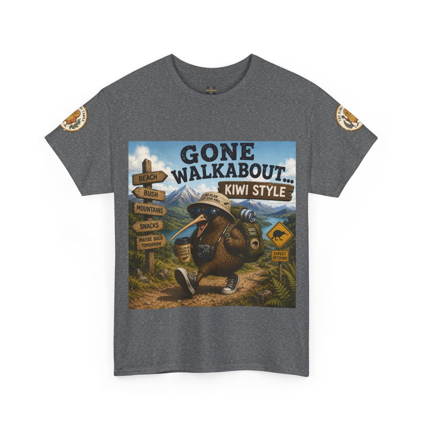 Heather gray crew-neck T-shirt with large kiwi adventure graphic on the front