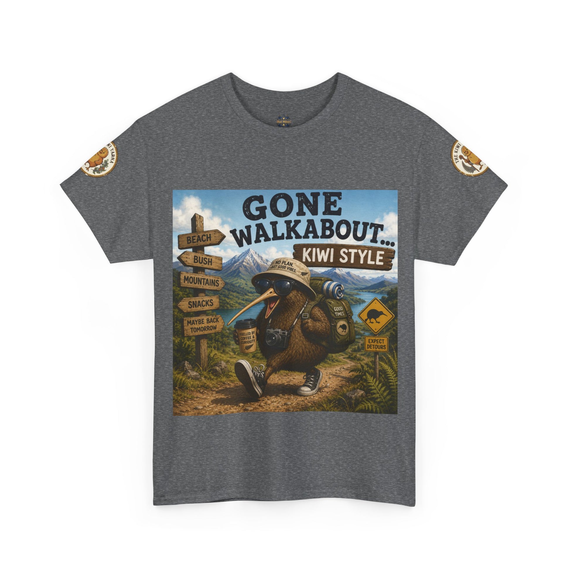 Heather gray crew-neck T-shirt with large kiwi adventure graphic on the front