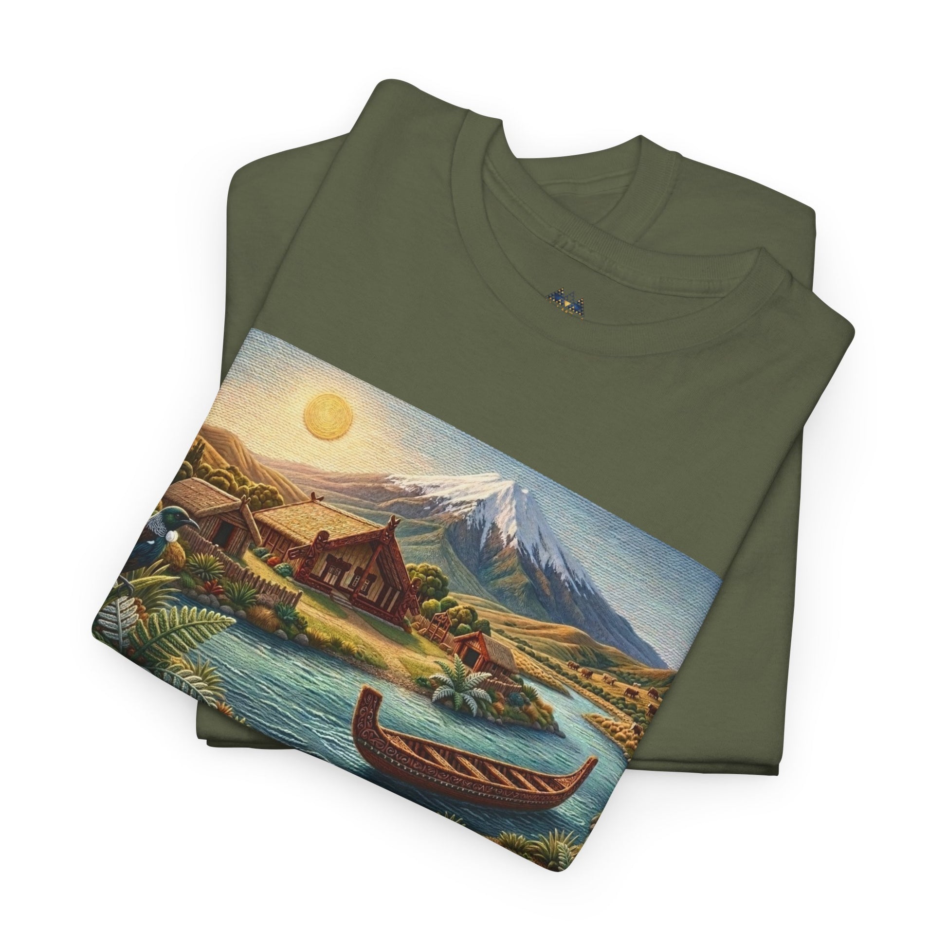 Folded olive green graphic T-shirt with rectangular landscape print