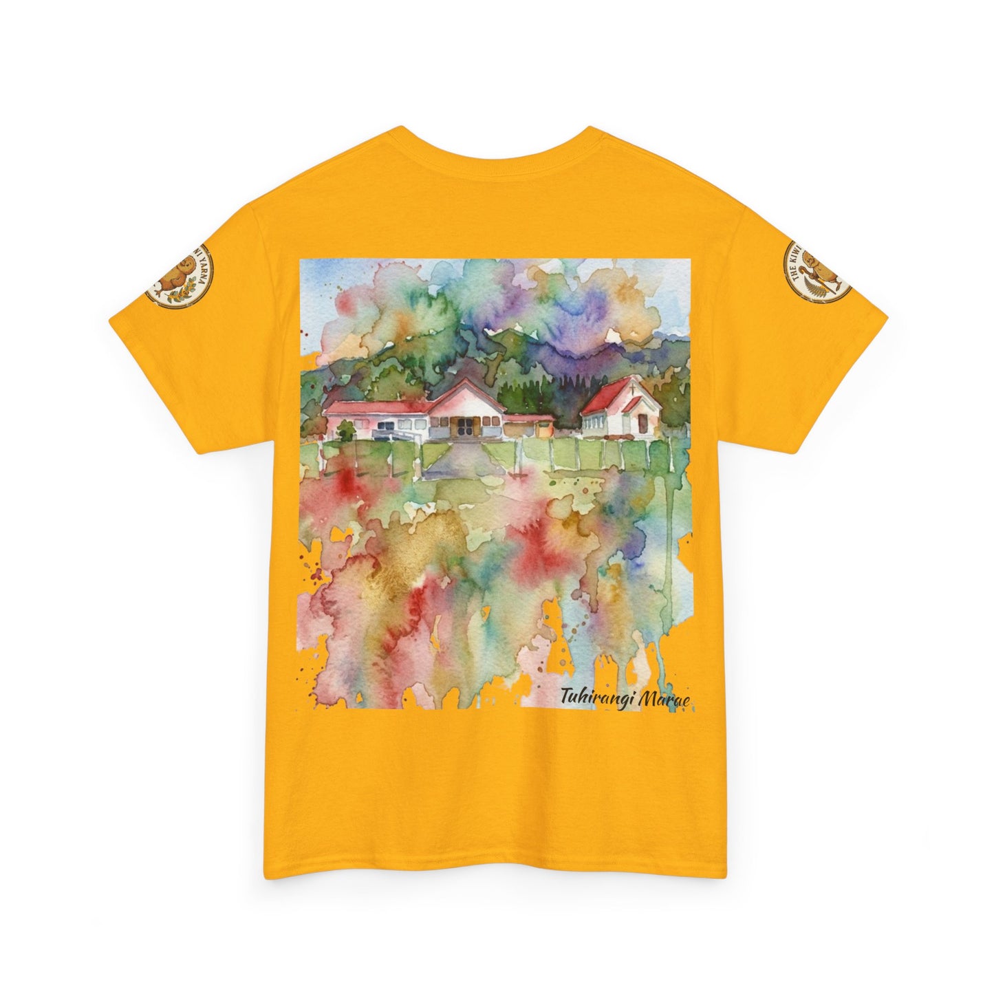 Orange short-sleeve T-shirt with colorful watercolor house scene and small signature