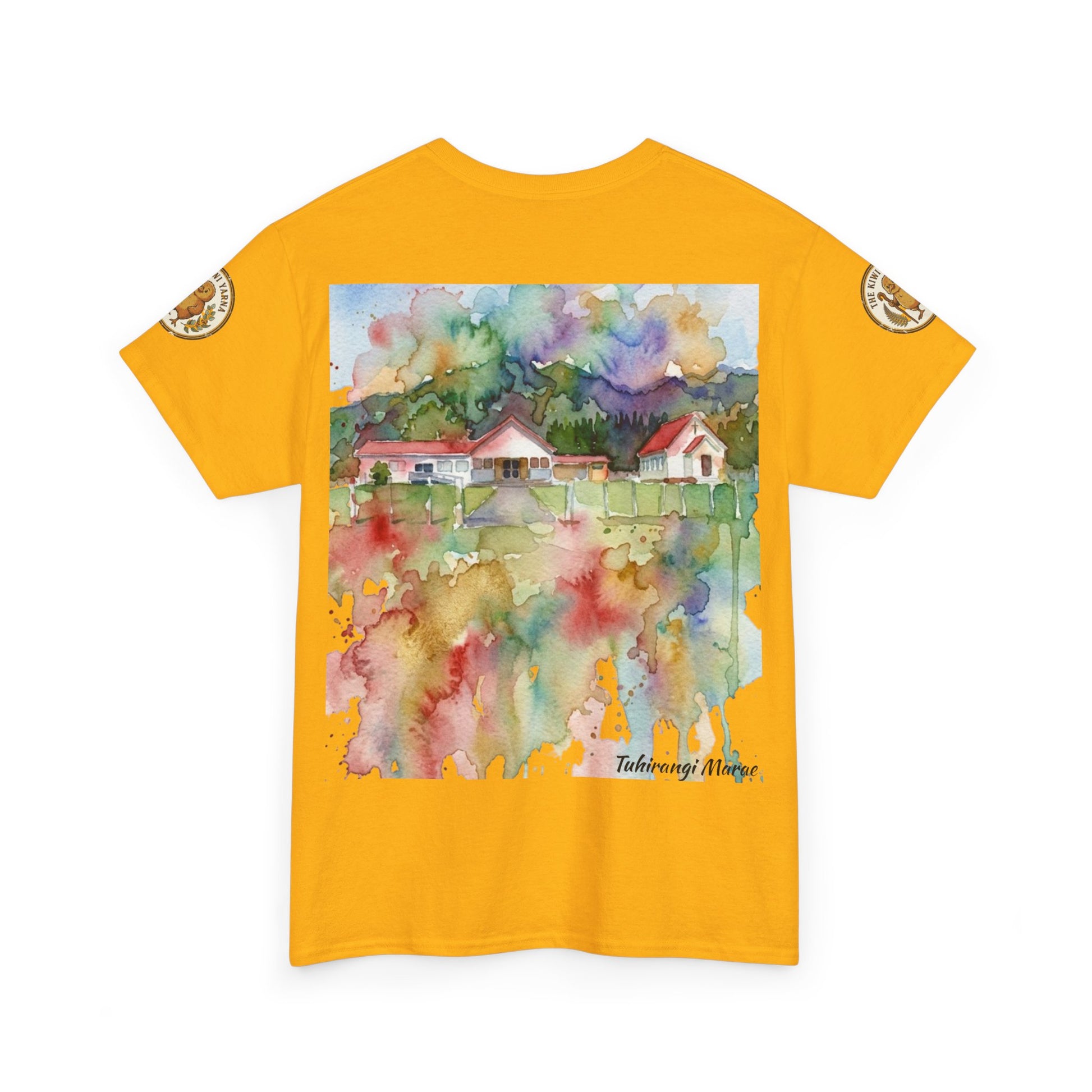 Orange short-sleeve T-shirt with colorful watercolor house scene and small signature
