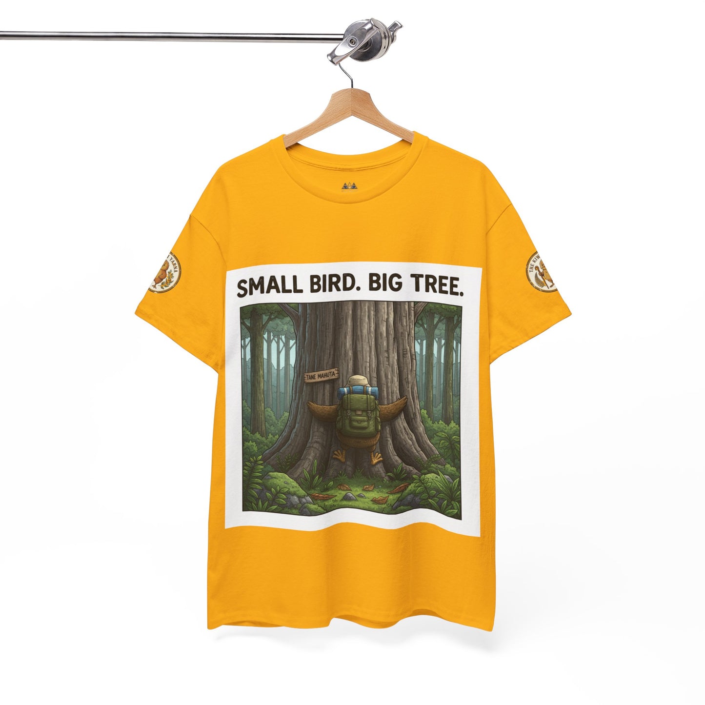 Mustard yellow graphic T-shirt with front forest bird/tree square print, crew neck
