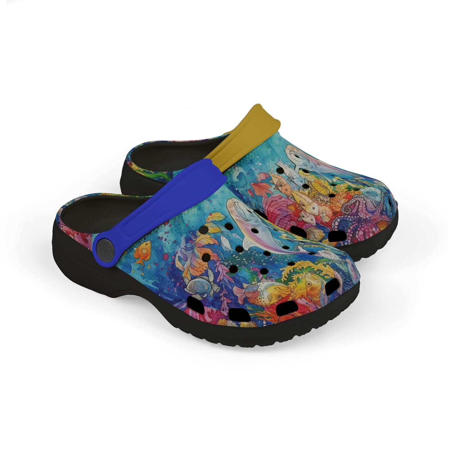 Kids casual clog shoes with colorful ocean print upper and black outsole, yellow strap detail