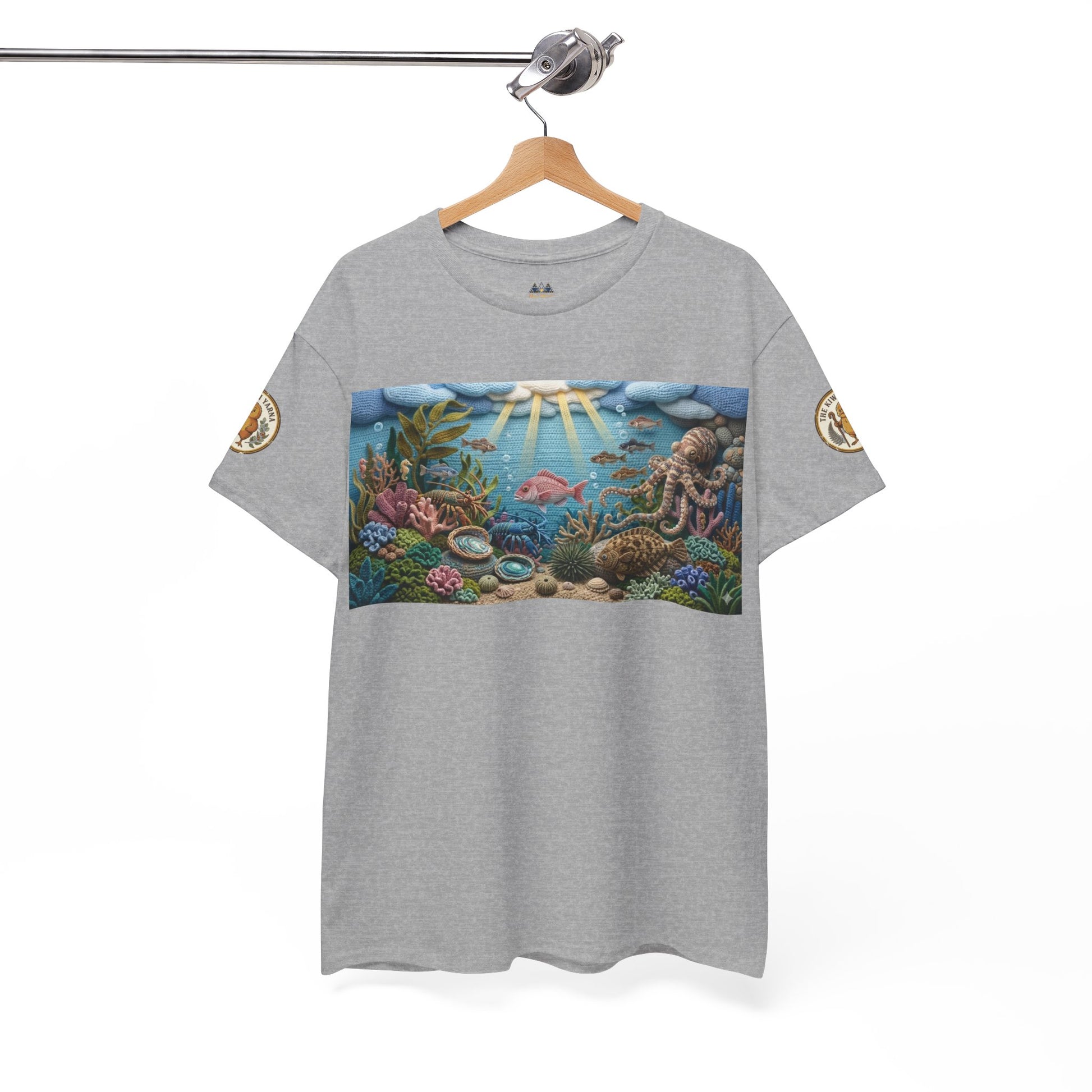 Under the Sea graphic T-shirt, heather gray with rectangular ocean scene print across chest