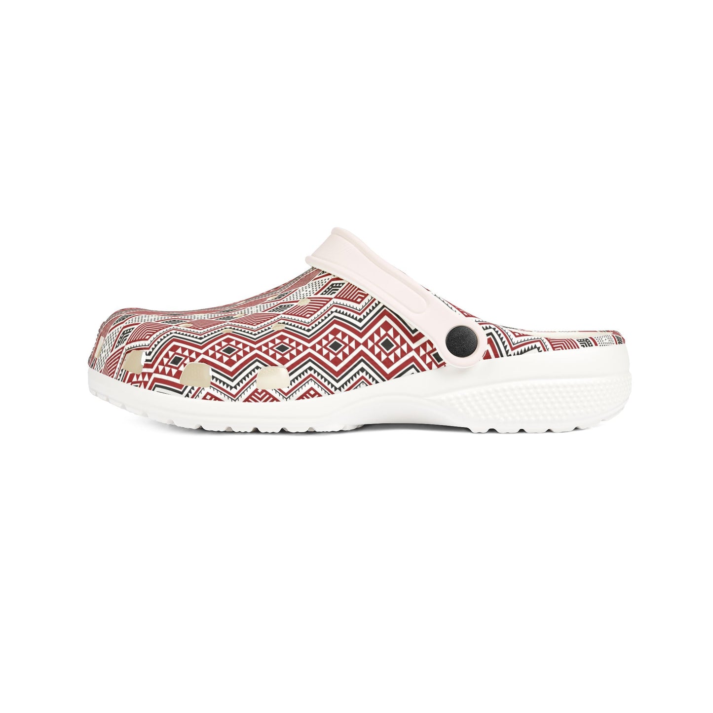 Tāniko clog shoe with red geometric patterned top and thick white tread sole