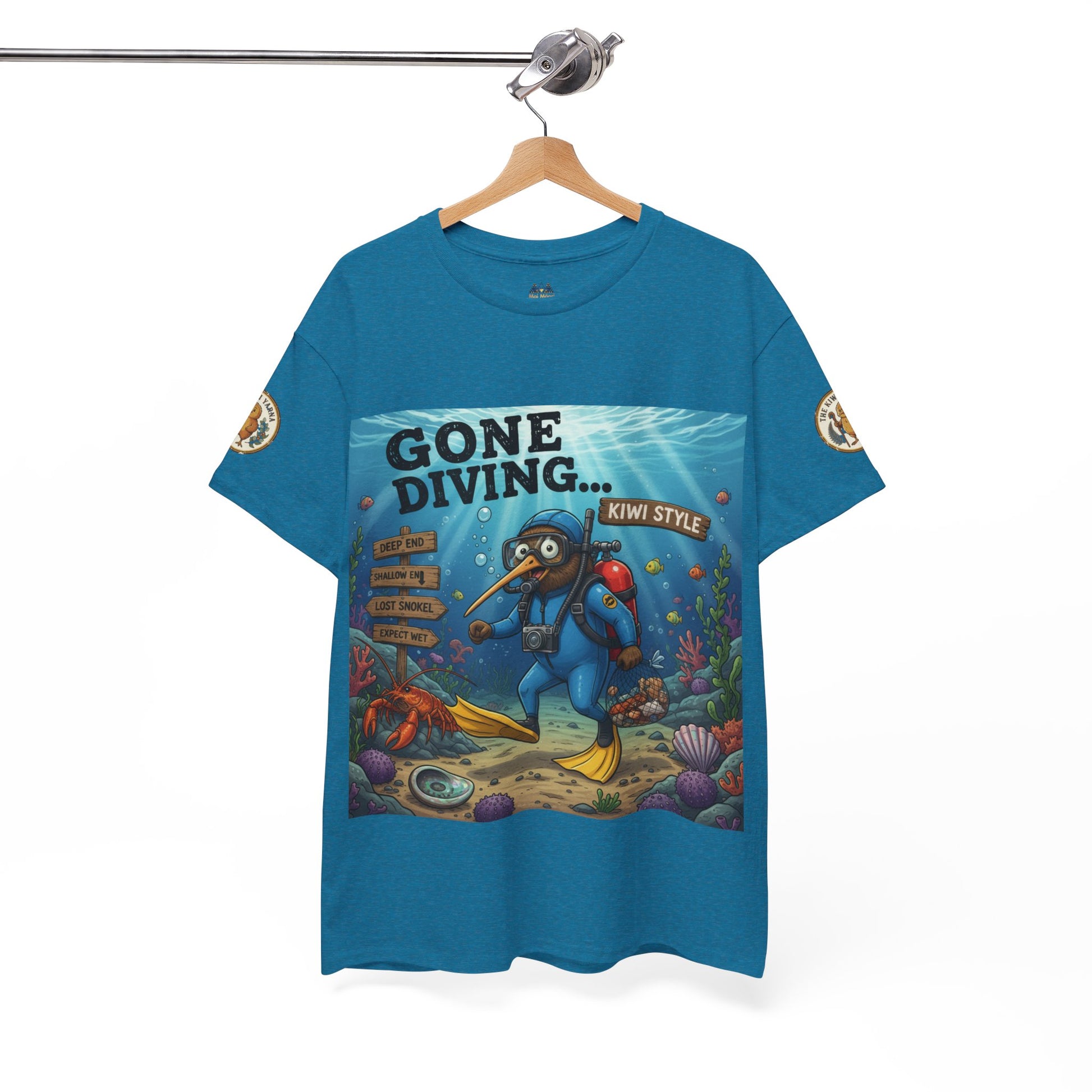 Teal T-shirt on hanger with scuba diver front graphic and sleeve emblem