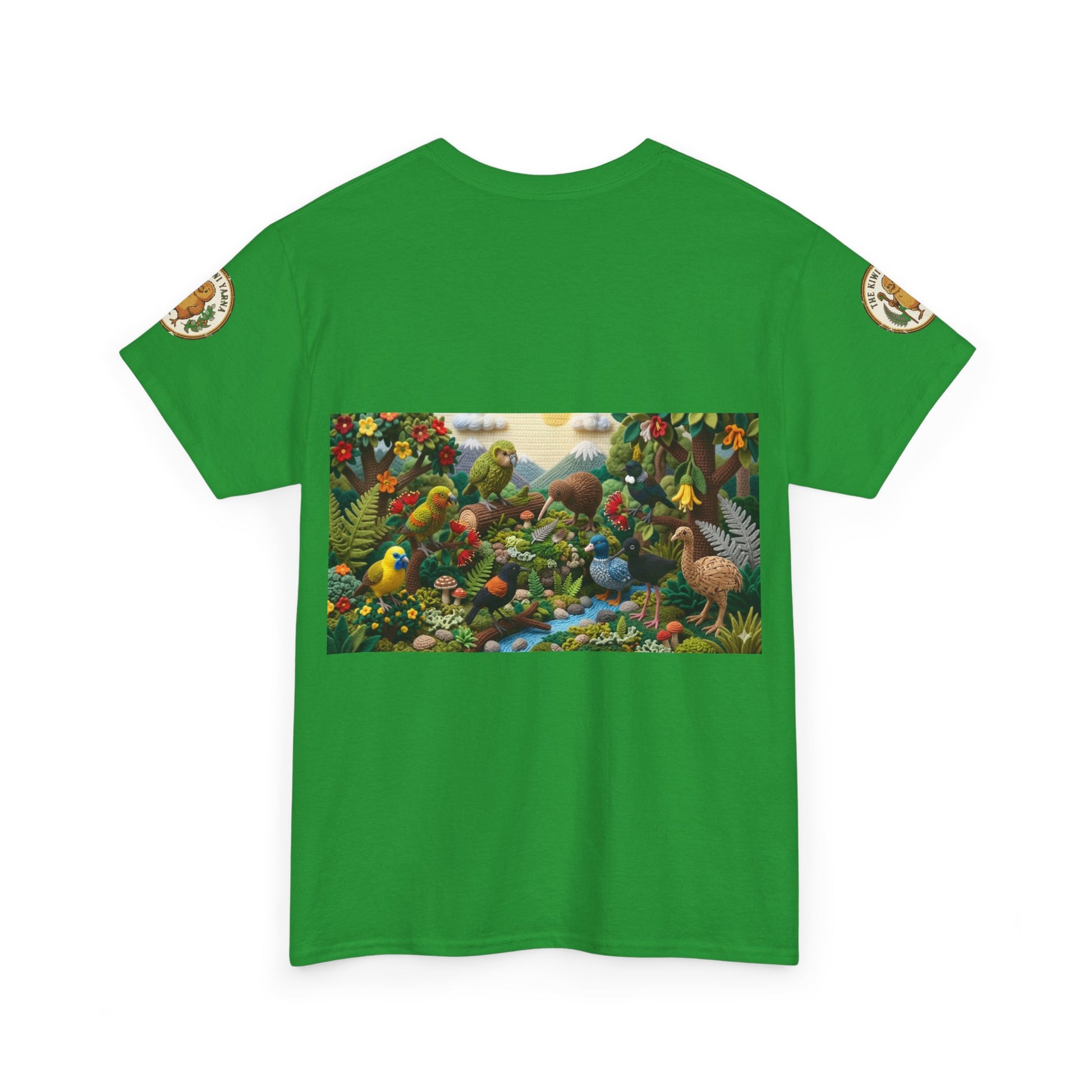 Green crew-neck T-shirt with colorful birds-and-forest rectangle front print