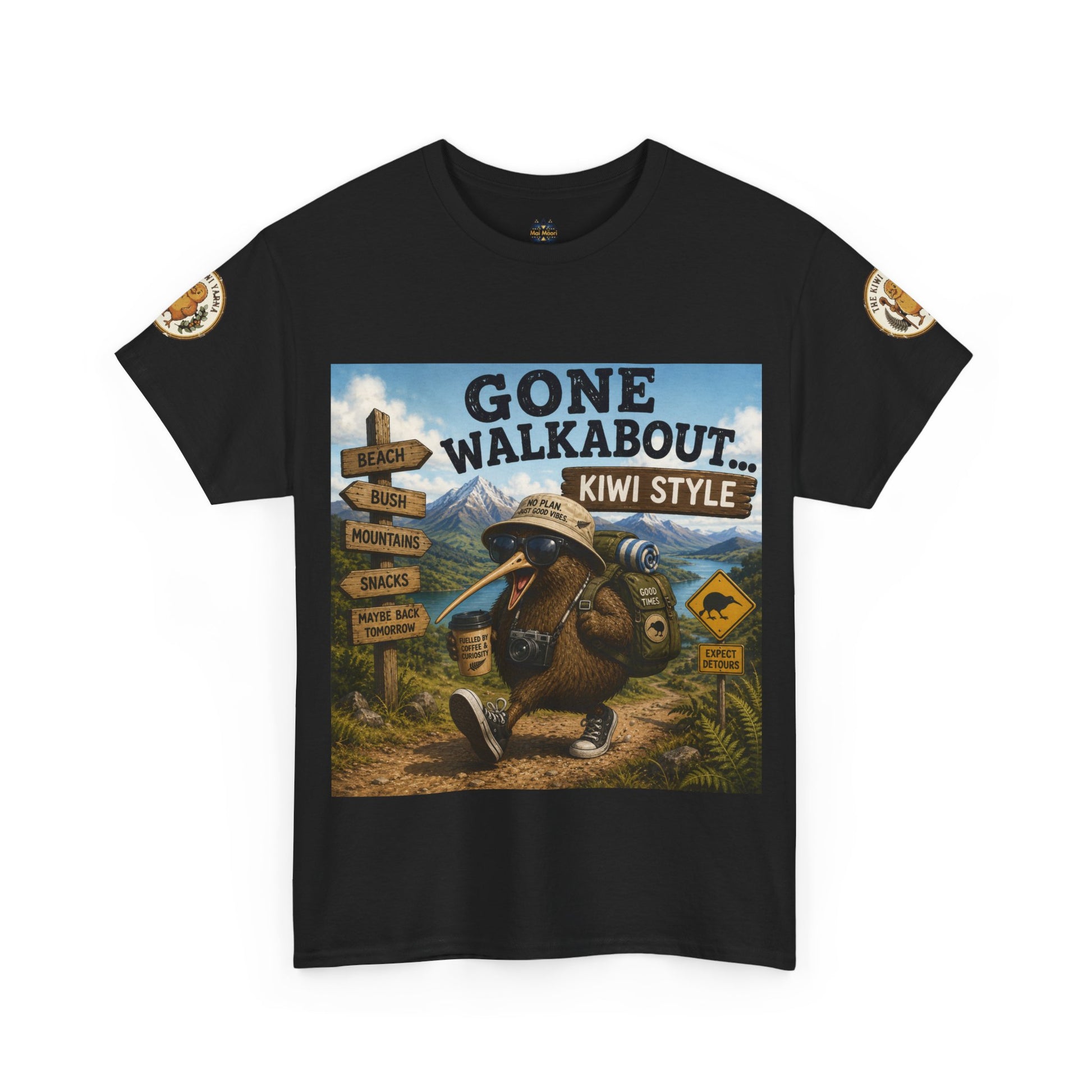 Black crew-neck graphic T-shirt with rectangular “Gone Walkabout” kiwi-style front print