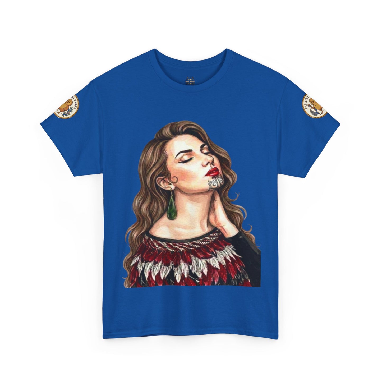 Royal blue graphic portrait T-shirt with short sleeves and decorative sleeve patches