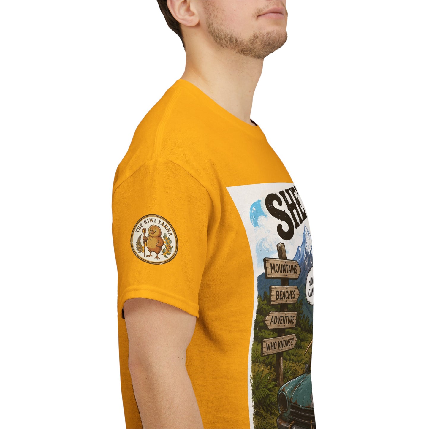 Mustard yellow T-shirt with sleeve patch logo and side graphic print
