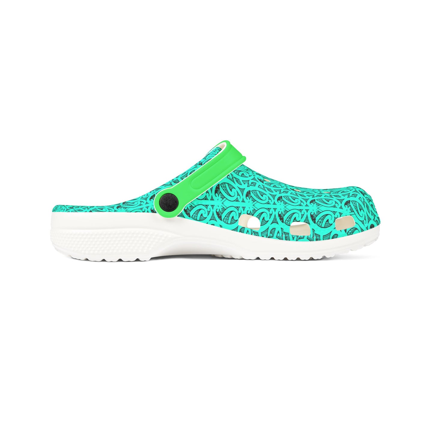 Neon green and teal perforated clog sandal with side view and white sole