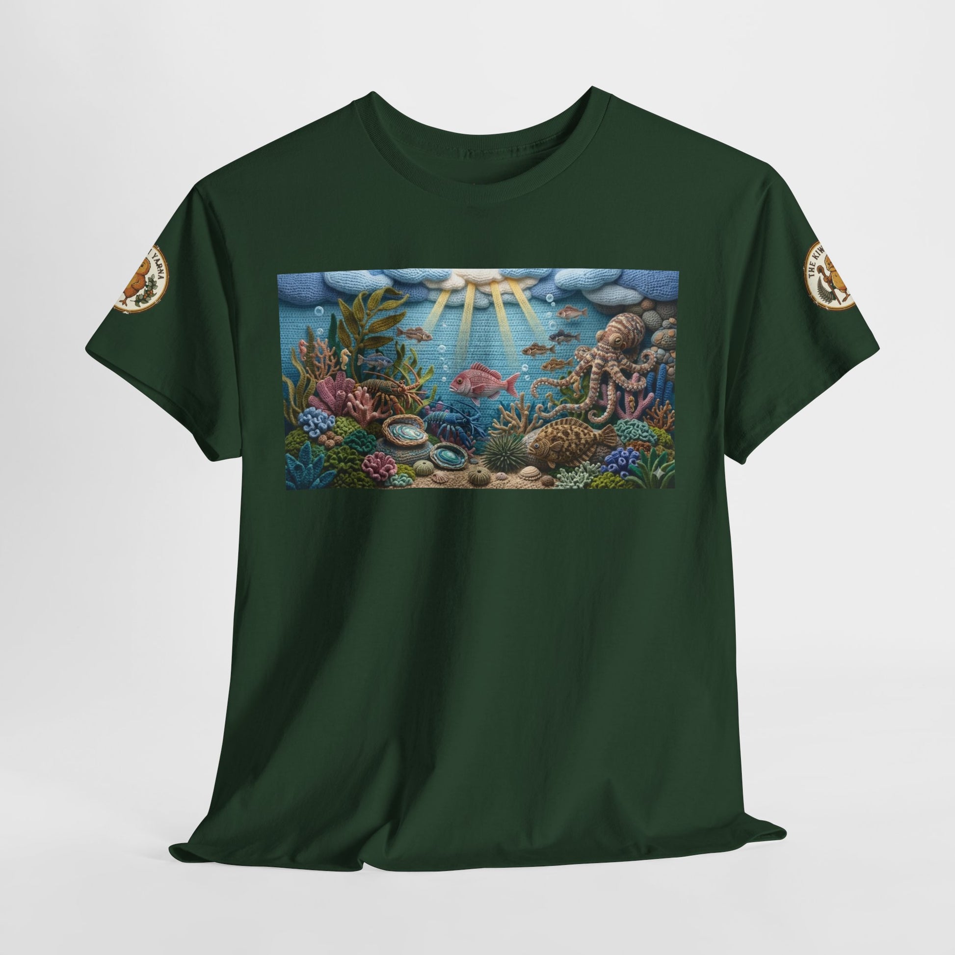 Dark green crew-neck short-sleeve T-shirt with centered underwater scene graphic