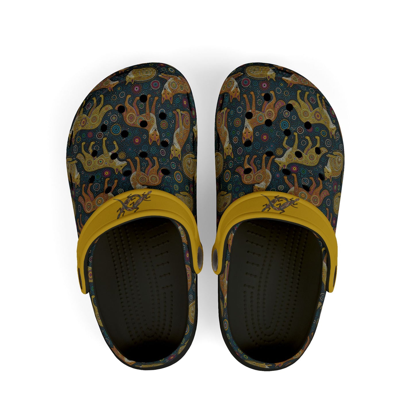 Aboriginal art casual clog shoes, dark patterned uppers with yellow strap, black interior