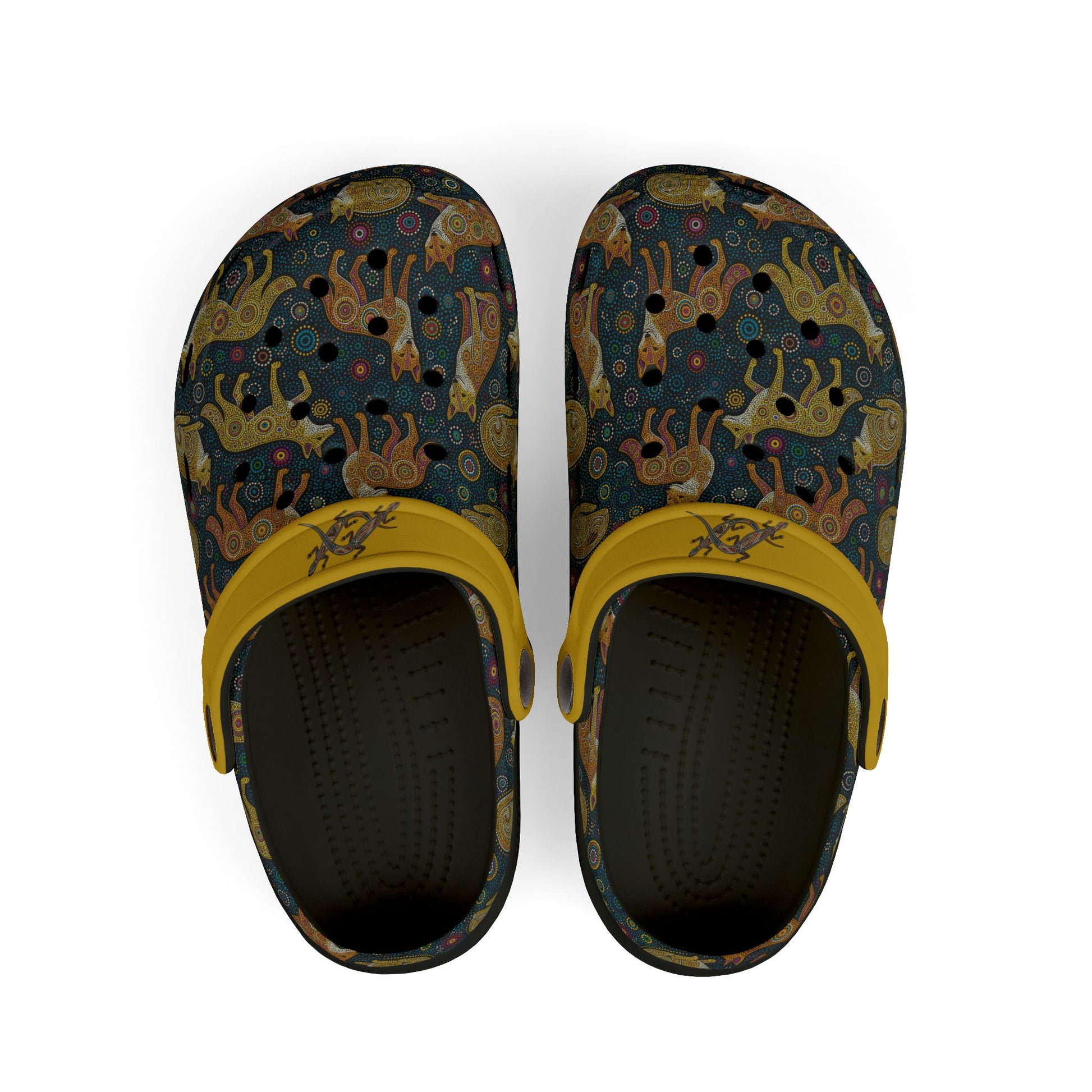Aboriginal art casual clog shoes, dark patterned uppers with yellow strap, black interior