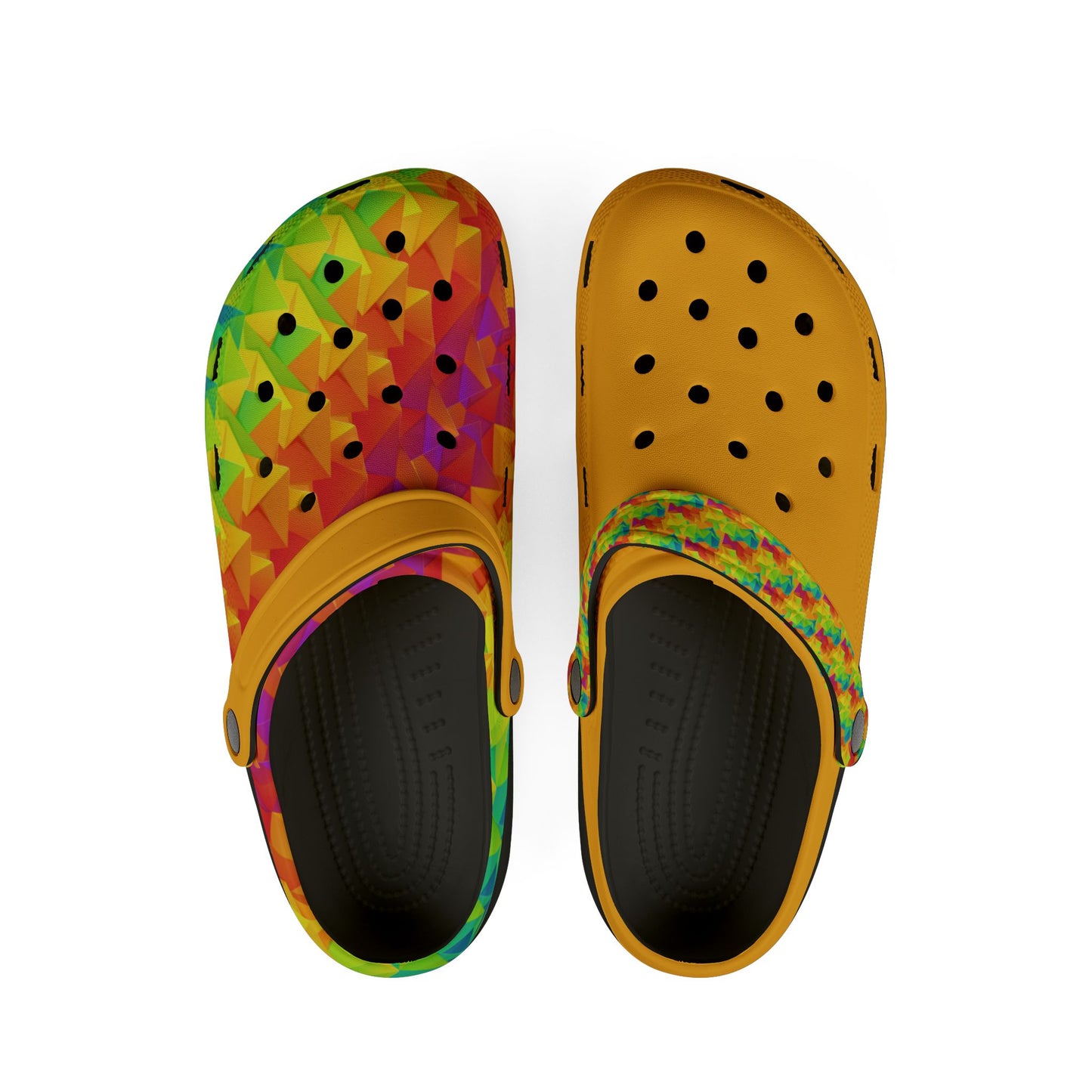 Clog shoes with multicolor geometric pattern and orange upper, dark interior